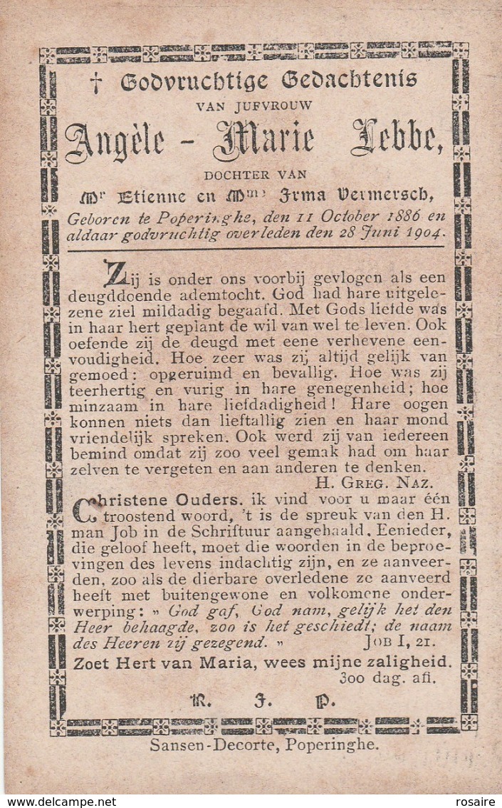 Angele Marie Lebbe-poperinghe 1886-1904 - Devotieprenten