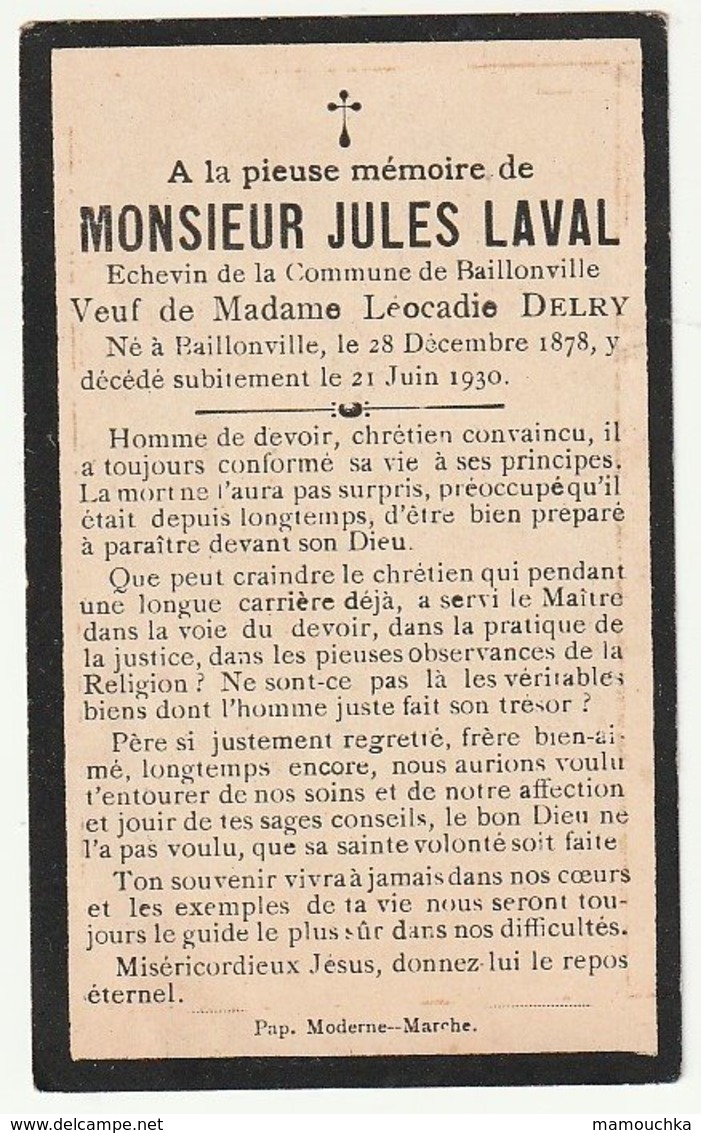 Décès Jules LAVAL Veuf Léocadie Delry Echevin Baillonville 1878 - 1930 - Images Religieuses