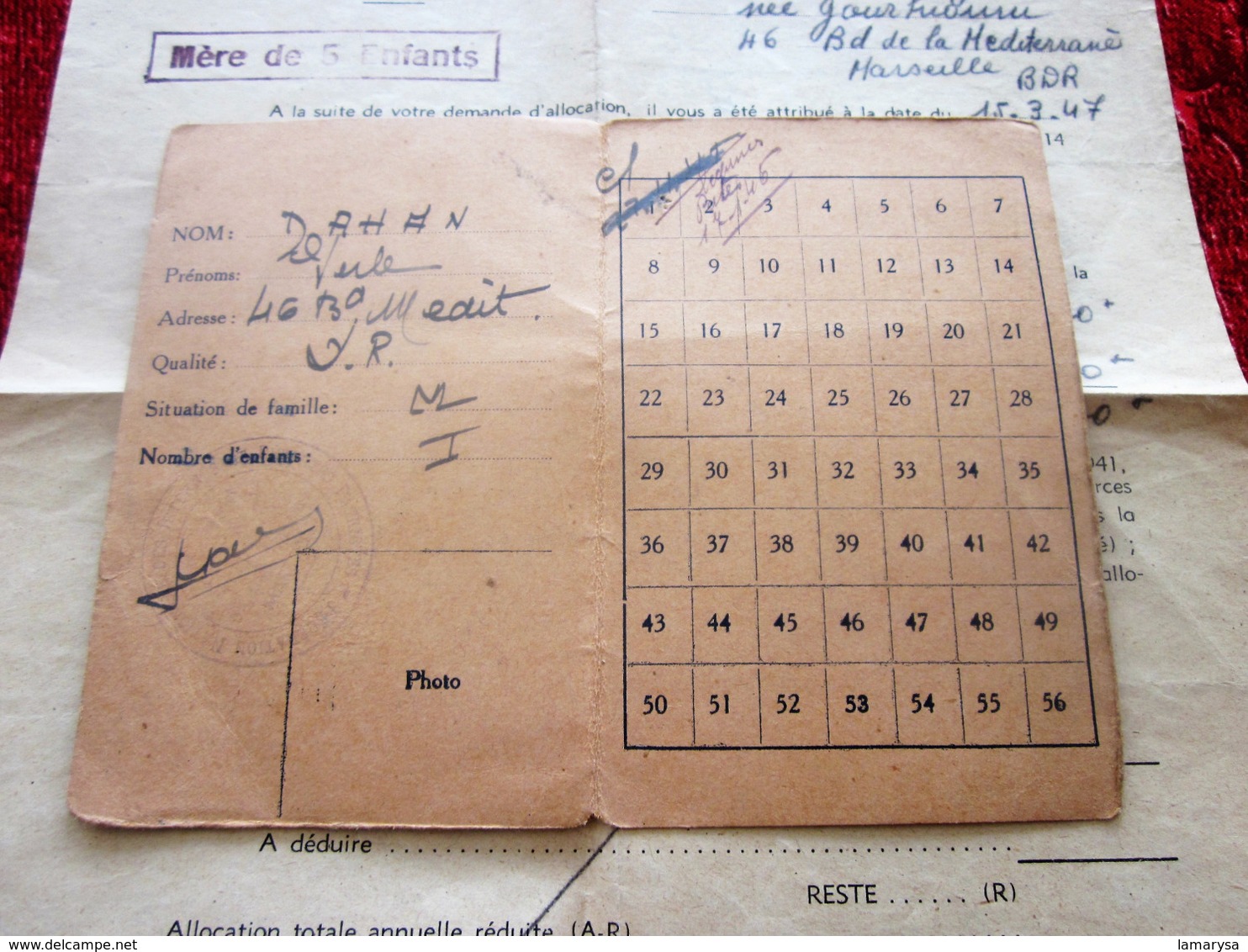 WW2-CARTE RÉPARTITION VIVRES BONS RESTRICTIONS-FEDERATION NATIONALE Déportés Internés PATRIOTES+ALLOCATION VIEUX TRAVAIL - Historische Dokumente