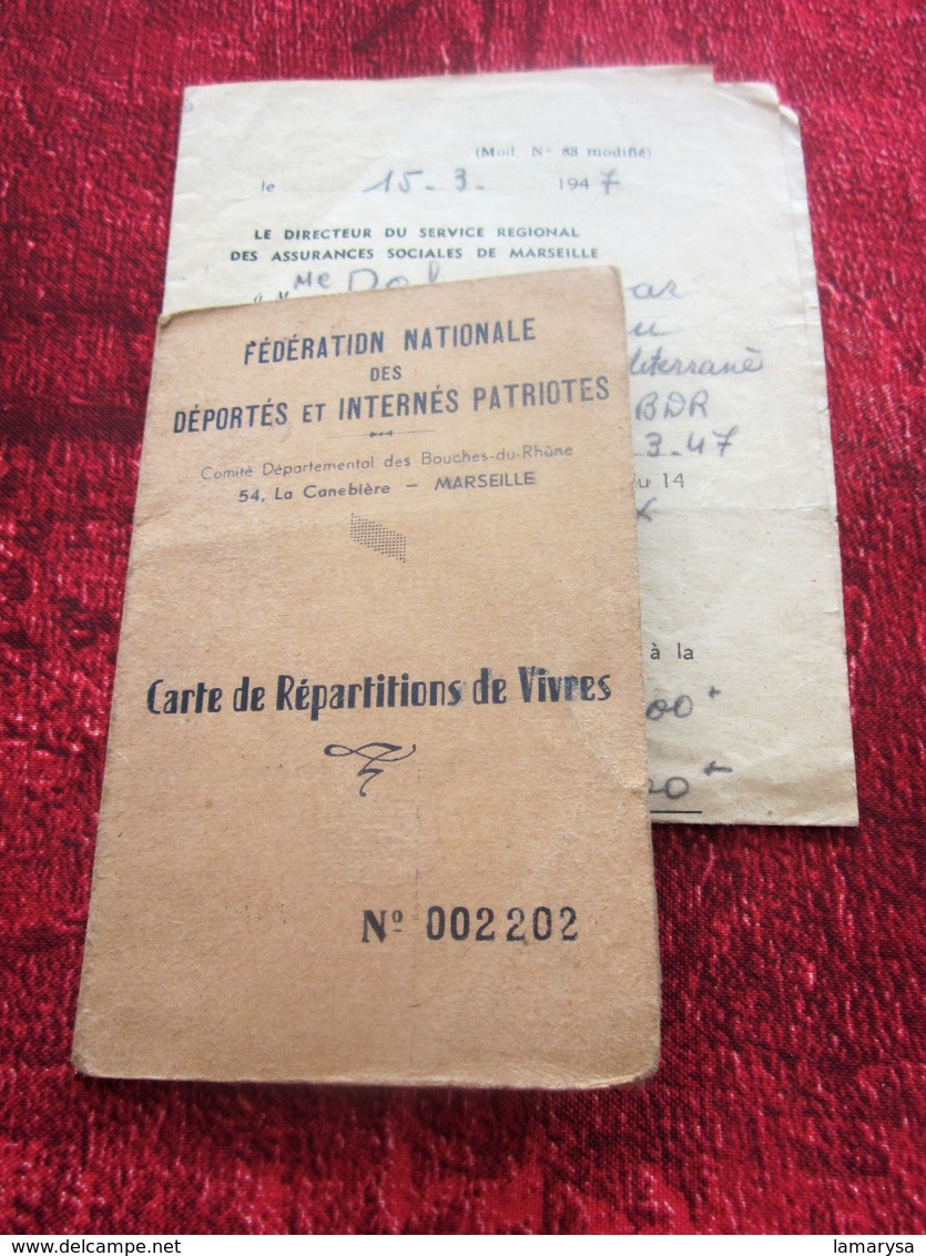 WW2-CARTE RÉPARTITION VIVRES BONS RESTRICTIONS-FEDERATION NATIONALE Déportés Internés PATRIOTES+ALLOCATION VIEUX TRAVAIL