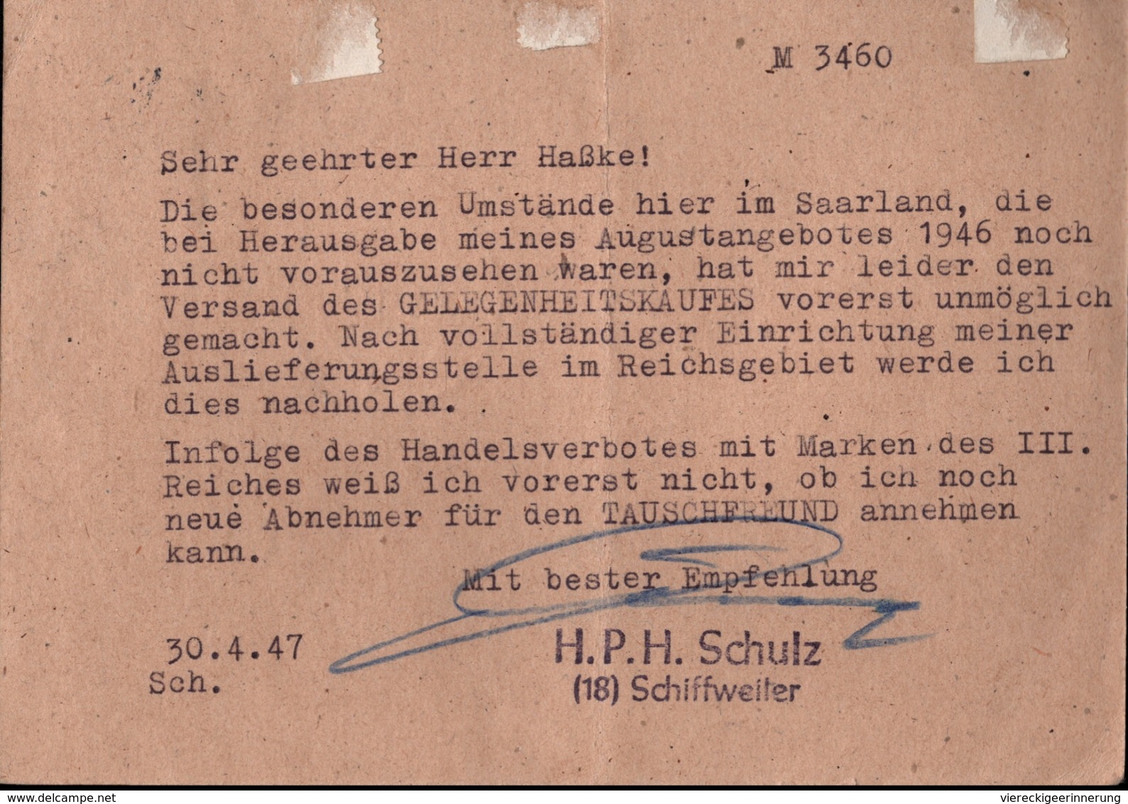 ! 1947 Antwortkarte Schiffweiler, Saarland, Sarre - Otros & Sin Clasificación