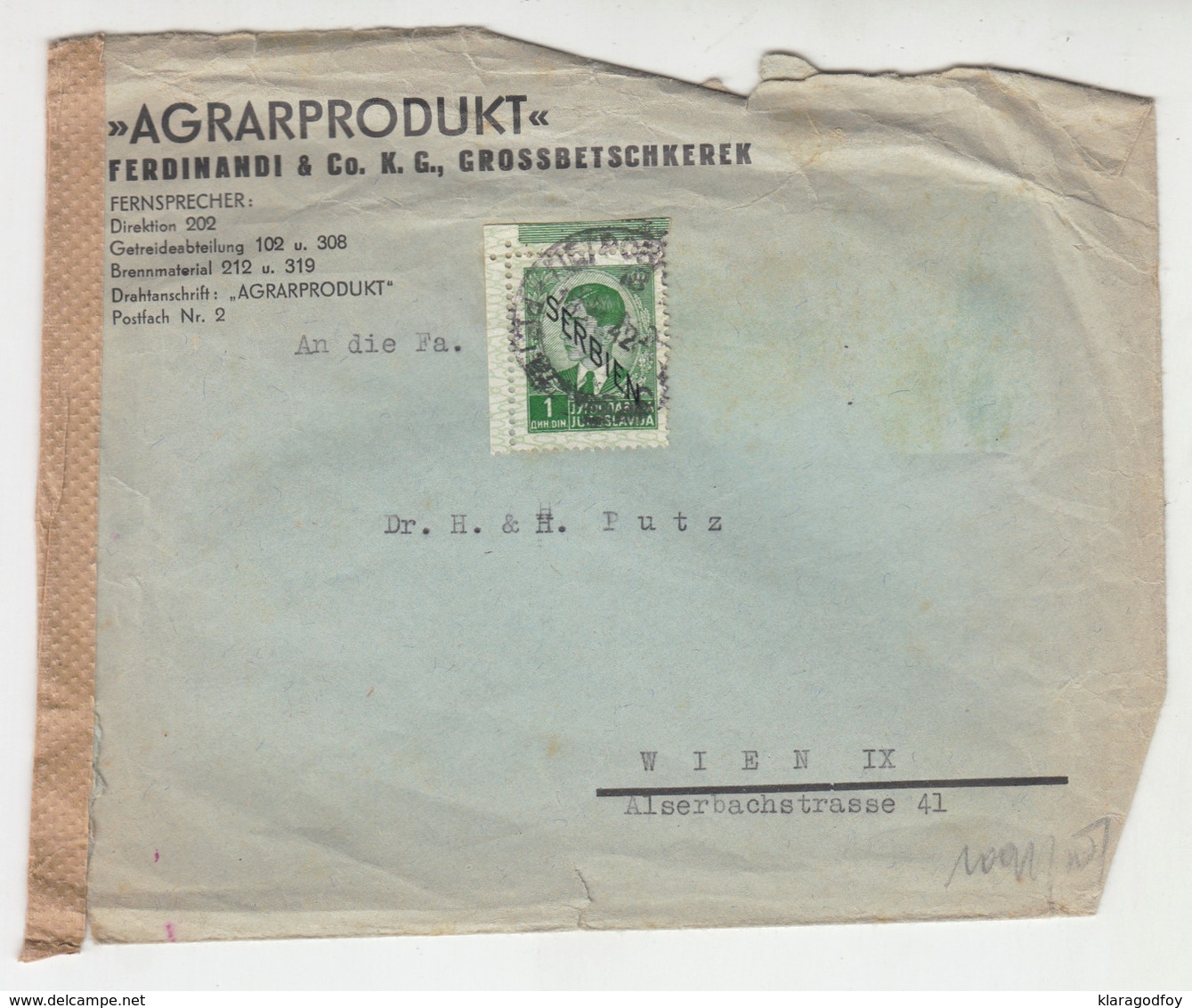 AGRARPRODUKT Ferdinandi & Co.K.G., Grossbetschkerek Company Letter Cover Travelled 1942 To Wien B190901 - Serbie