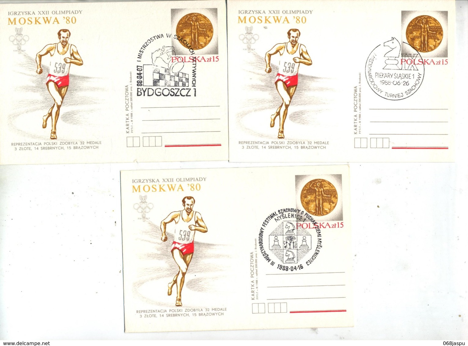 3 Carte Postale 15 Medaille Olympique Cachet Echec Illustré Course - Postwaardestukken