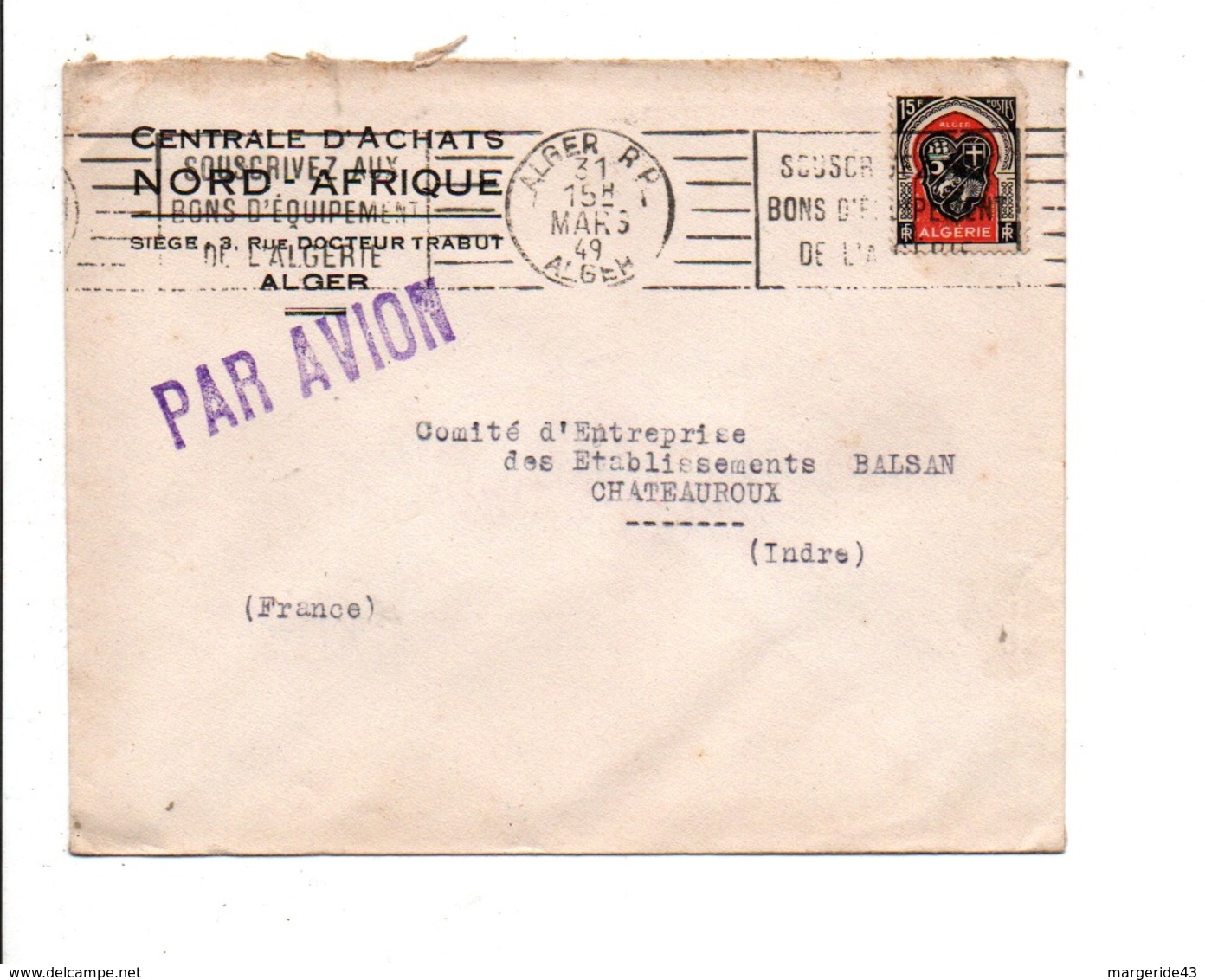 ALGERIE LETTRE A EN TETE DE ALGER  POUR LA FRANCE 1949 - Lettres & Documents