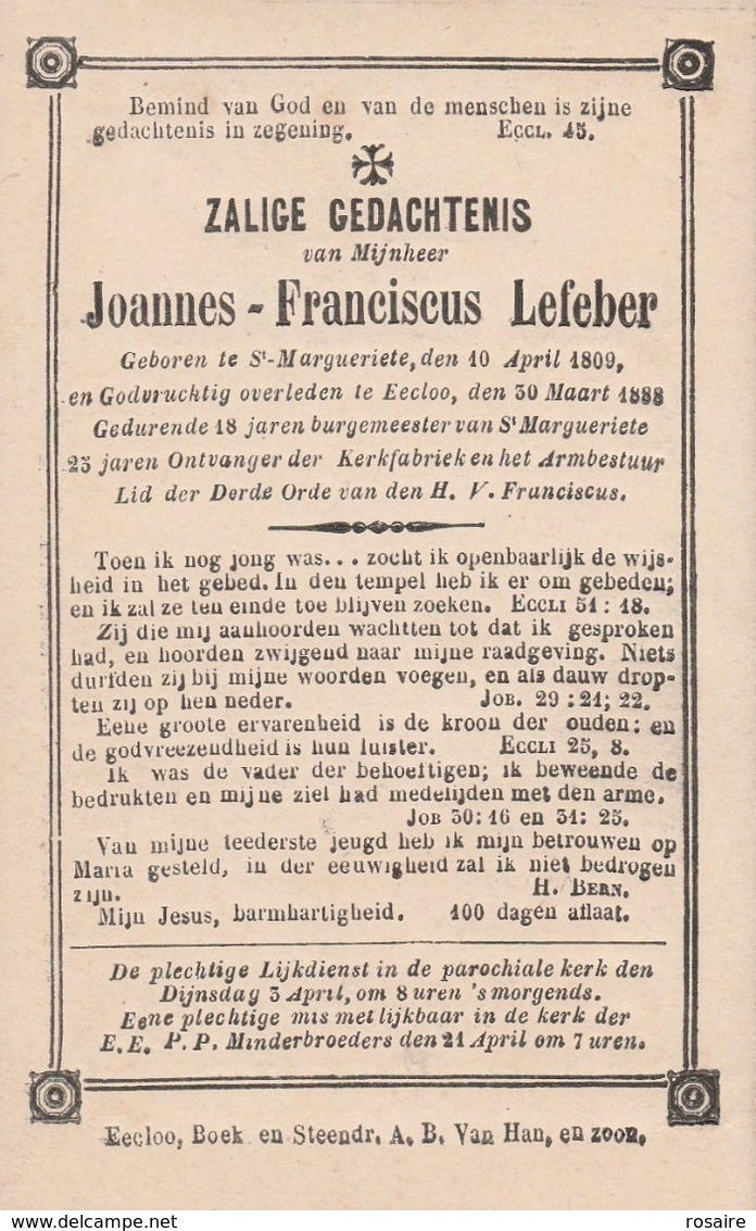 Joannes Franciscus Lefeber-st-margueriete 1809-eeclo 1888-18 Jaar Burgemeester - Devotion Images