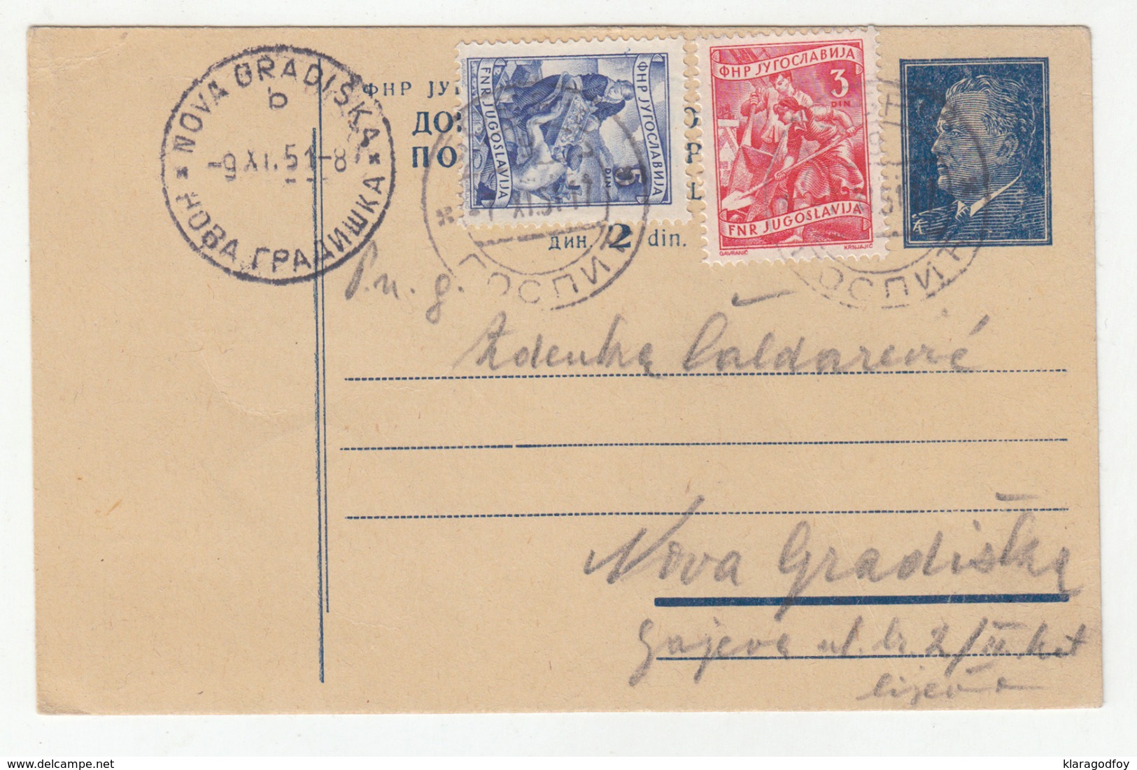 Yugoslavia FNR Postal Stationery Postcard Dopisnica Travelled 1951 Gospić To Nova Gradiška B190901 - Kroatien