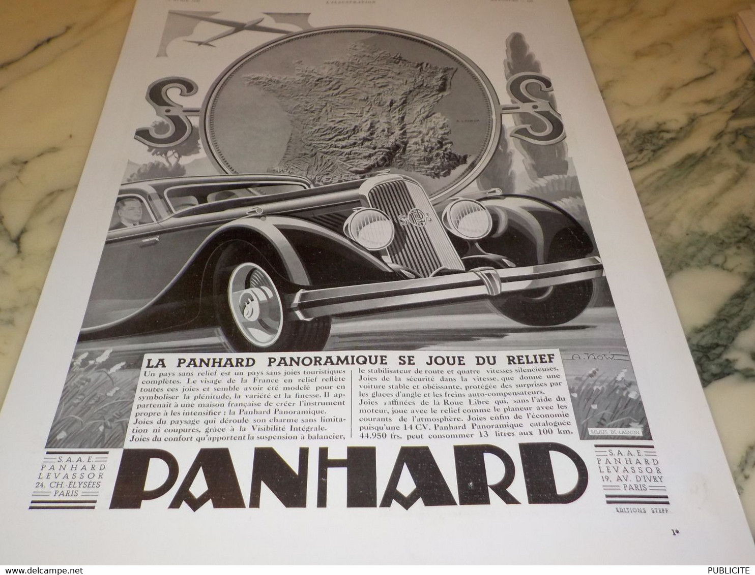 ANCIENNE PUBLICITE PANORAMIQUE VOITURE PANHARD  1935 - Automobili