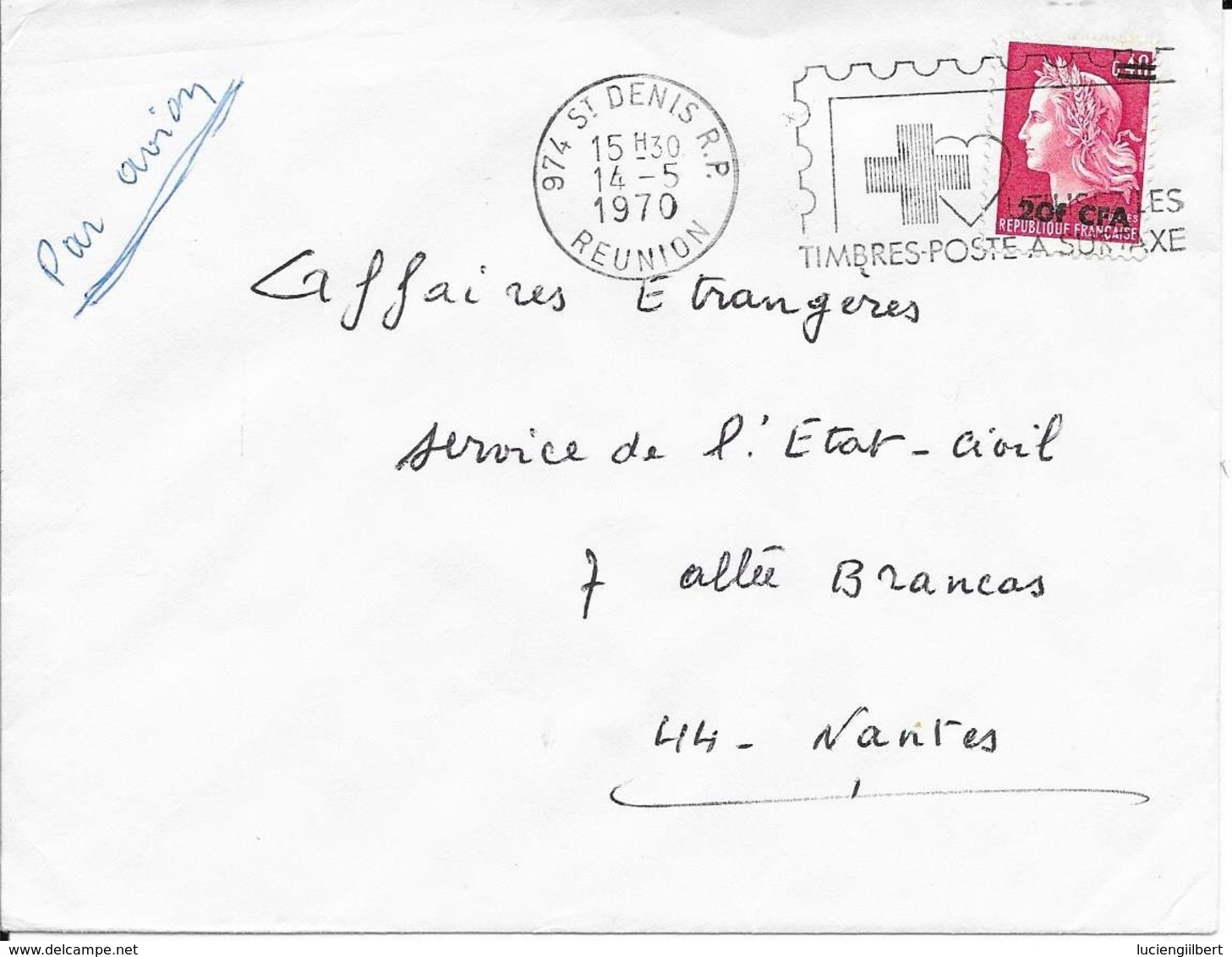 REUNION -  ST DENIS -  TIMBRE MARIANNE DE MULLER 20 F CFA -  UTILISEZ LES TIMBRES POSTE A SURTAXE ( CROIX ROUGE)      - - Lettres & Documents