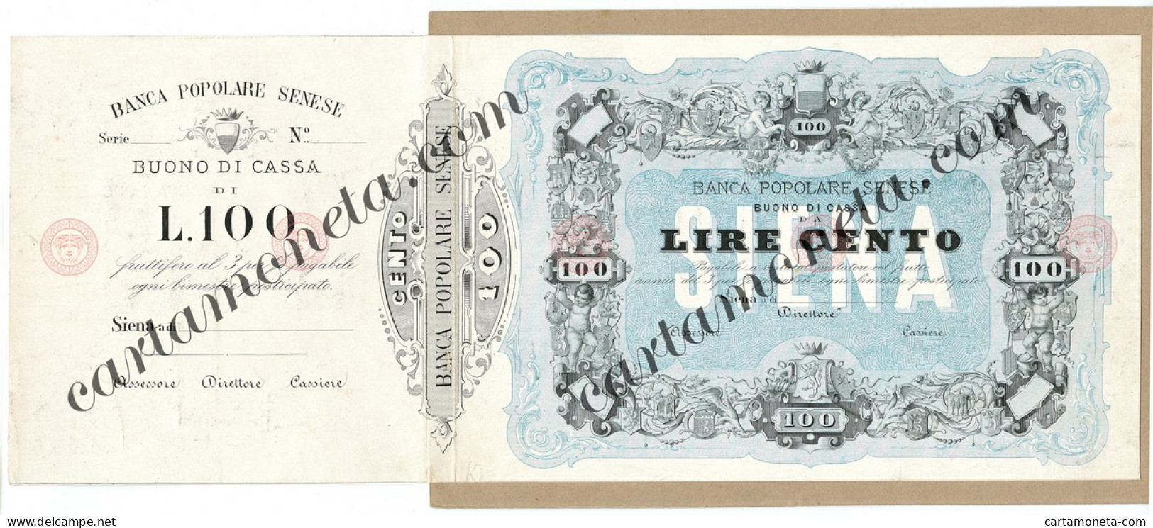 100 LIRE PROVA SU CARTONCINO INEDITO BANCA POPOLARE SENESE 1875/70 BB/SPL - [ 8] Fictifs & Specimens
