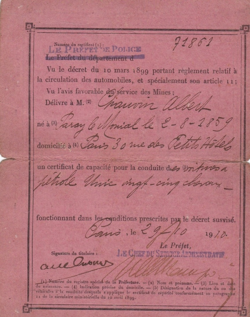 PERMIS  DE  CONDUIRE  :  CERTIFICAT  DE  CAPACITE  (  AUTOMOBILES )  .  1910  . - Autres & Non Classés