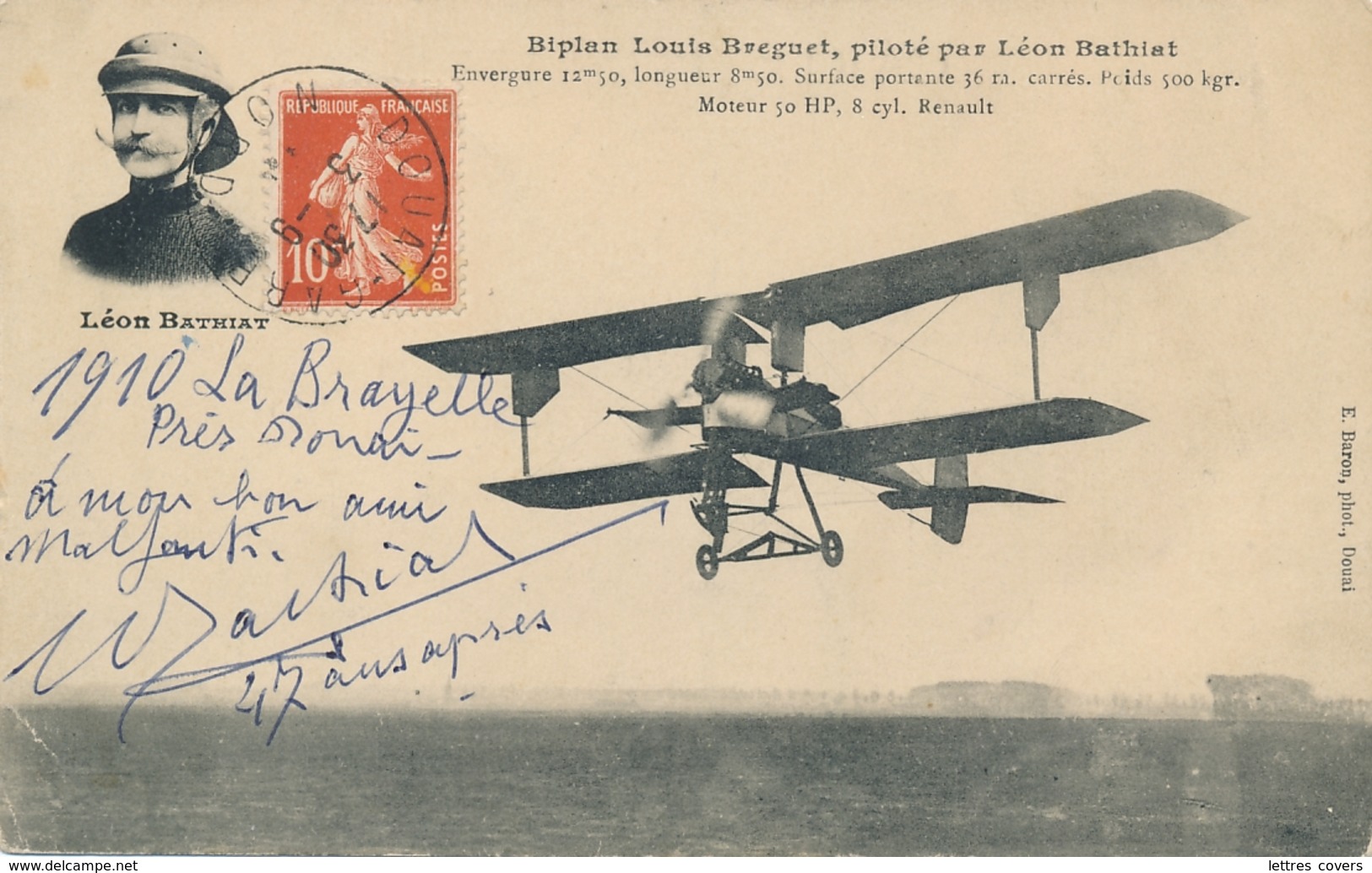 BATHIAT - Texte Et Signature AUTOGRAPHE Sur  CP " Biplan Breguet Piloté Par Léon Bathiat " - Aviateur - Airmen, Fliers