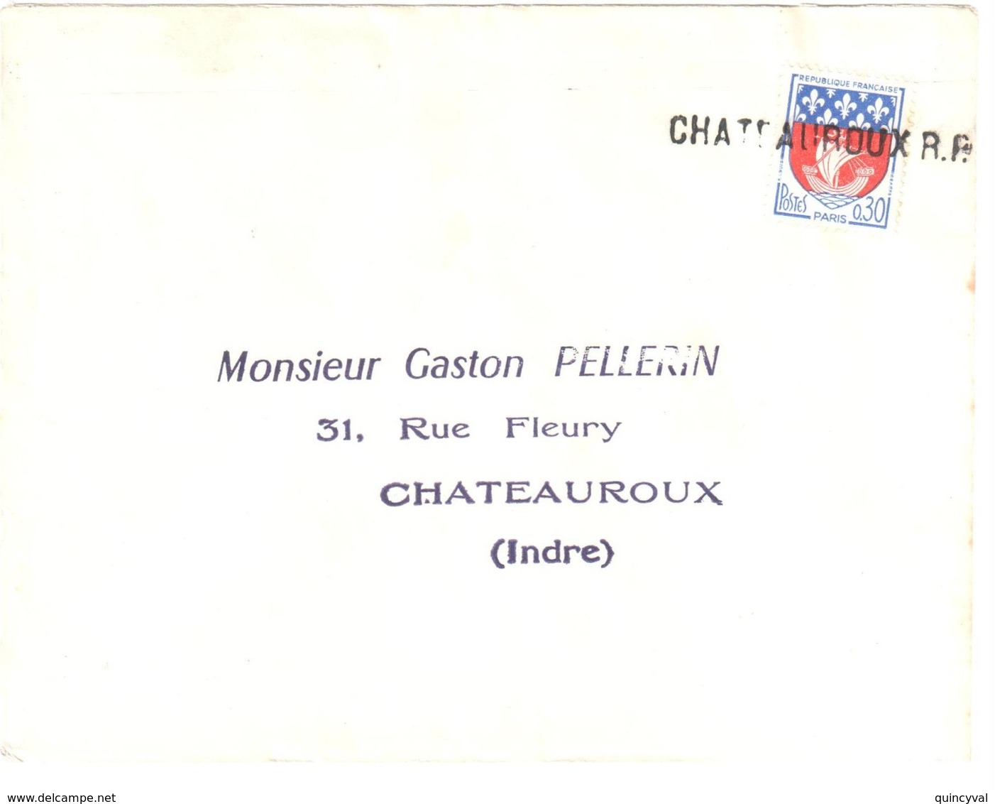 CHATEAUROUX RP Indre Lettre 30c Blason De Paris Yv 1354B Griffe Linéaire - Cartas & Documentos