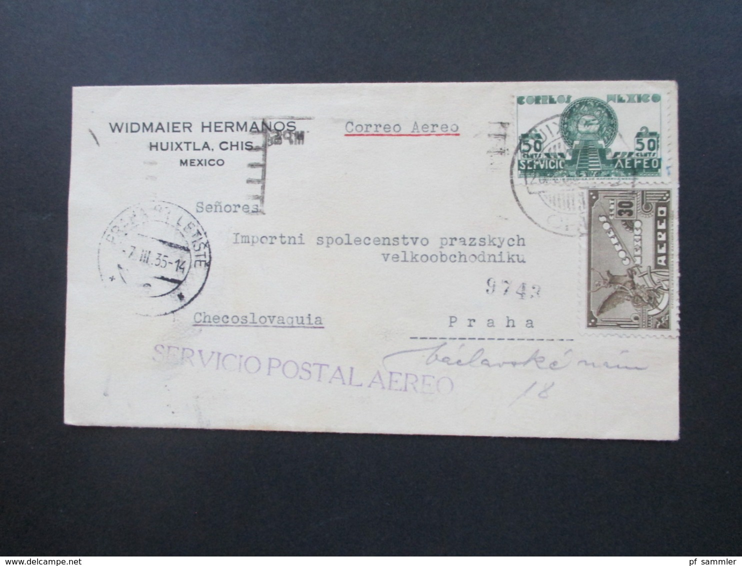 Mexico 1935 Air Mail Servicio Postal Aereo Nach Prag Mit Rotem Stempel Telegrafni Ustrednistanice Rohrpost?? über Paris - Mexico