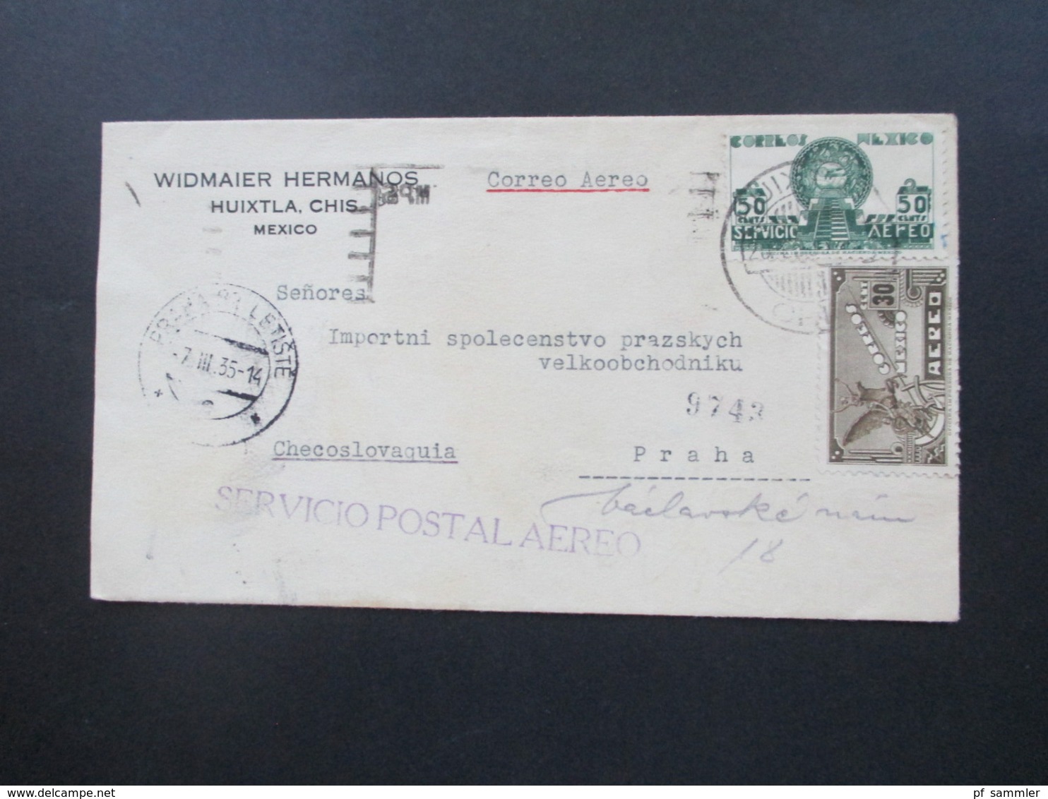 Mexico 1935 Air Mail Servicio Postal Aereo Nach Prag Mit Rotem Stempel Telegrafni Ustrednistanice Rohrpost?? über Paris - México