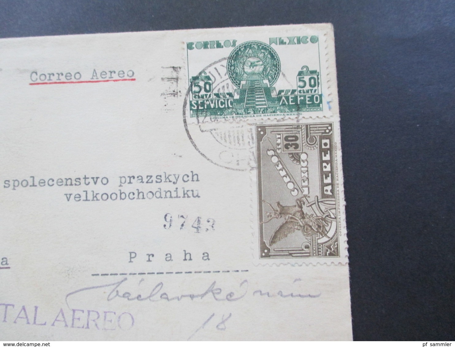 Mexico 1935 Air Mail Servicio Postal Aereo Nach Prag Mit Rotem Stempel Telegrafni Ustrednistanice Rohrpost?? über Paris - Mexiko
