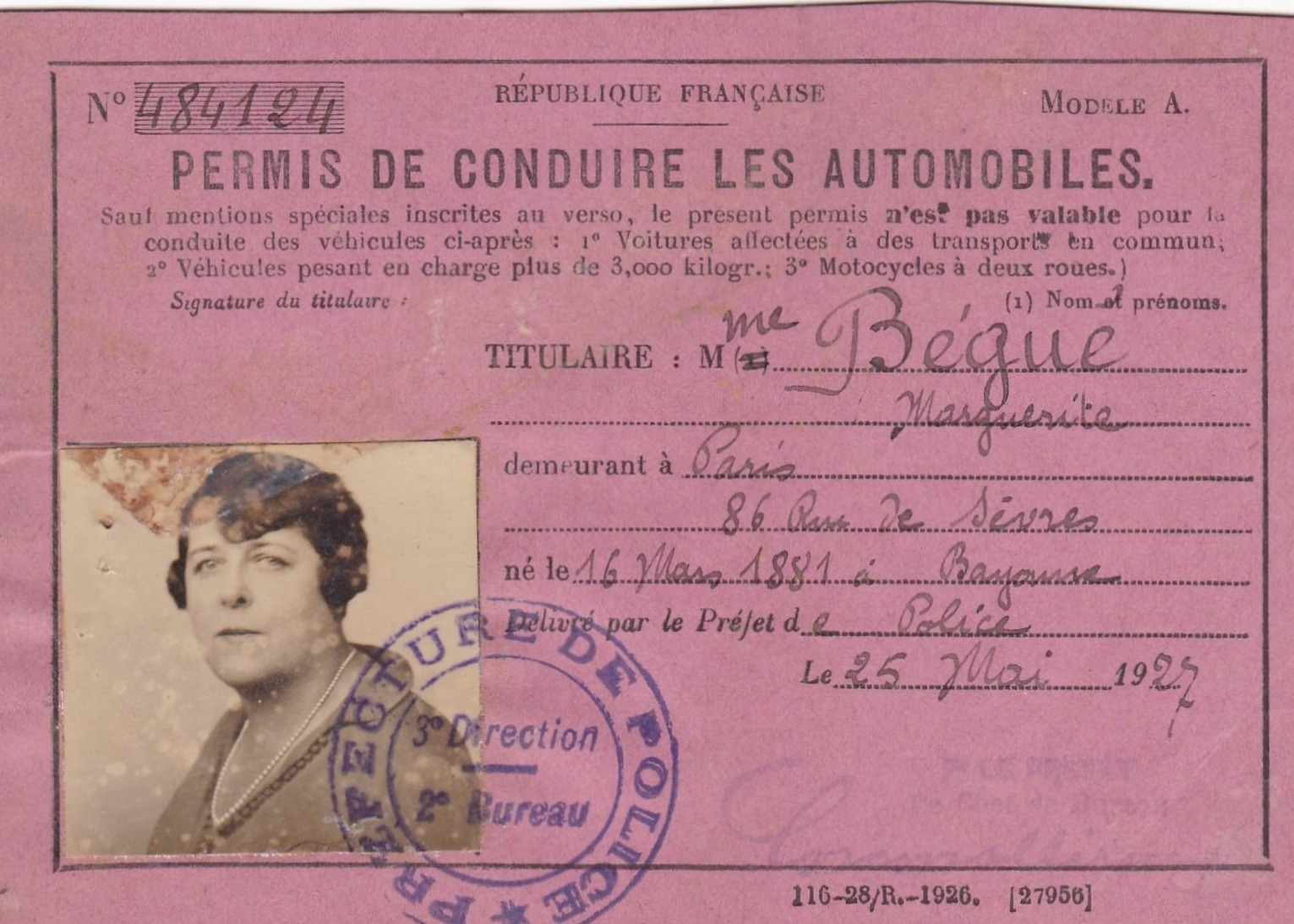 PERMIS  DE  CONDUIRE  LES  AUTOMOBILES  .  1927  .  (  SCANS  R° V° )  . - Autres & Non Classés