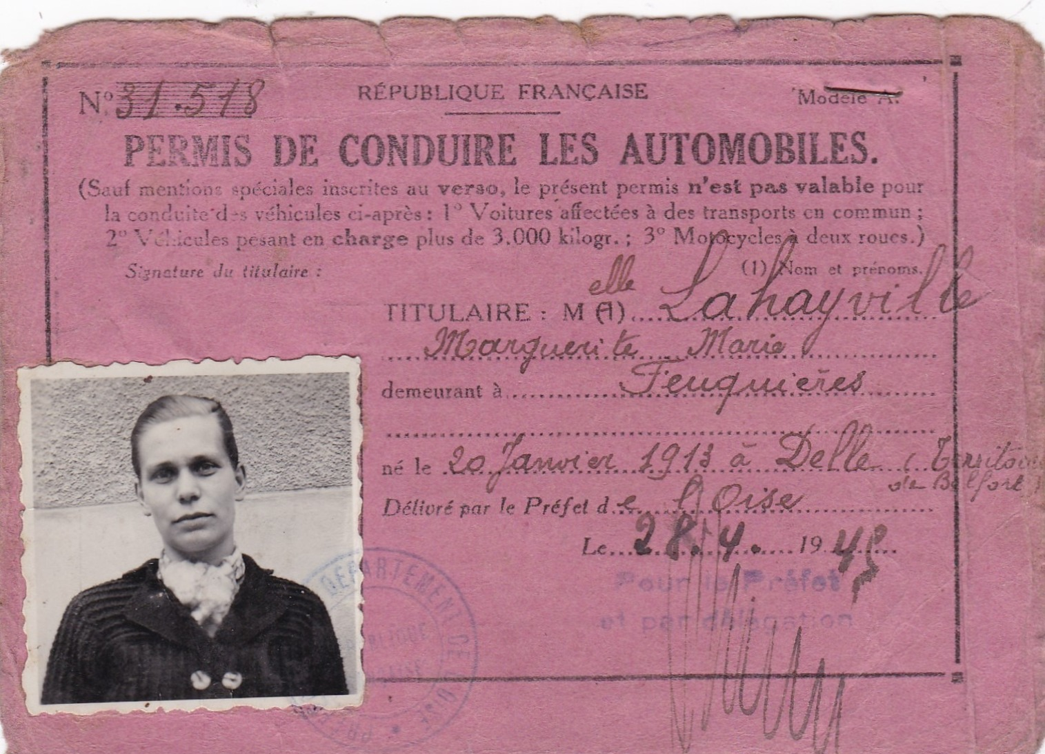 PERMIS  DE  CONDUIRE  LES AUTOMOBILES   .  1943  . - Autres & Non Classés