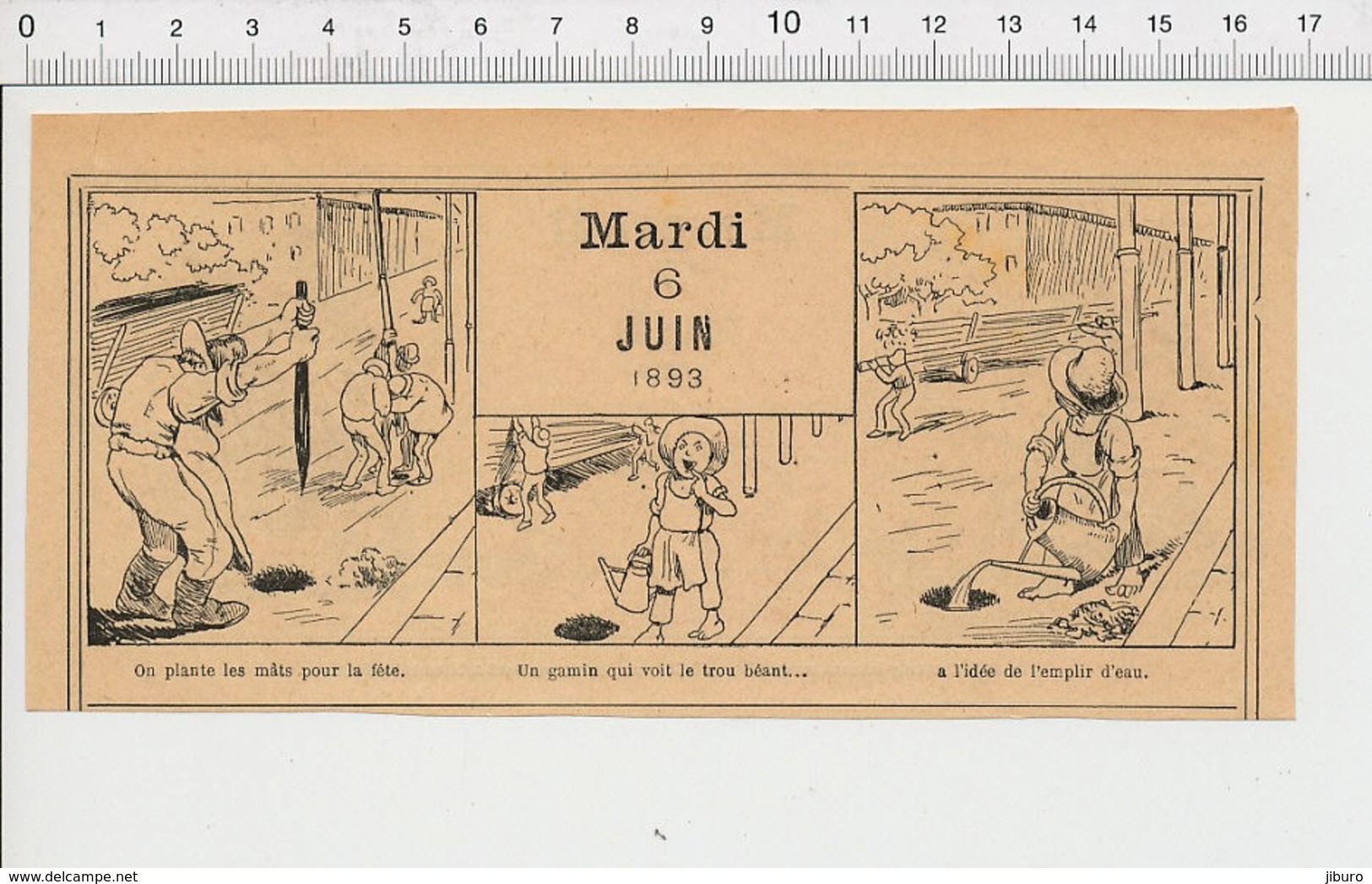 2 Scans 1893 Humour Pose Des Mâts Pour La Fête Arrosoir Ancien Enfant  226ZF - Non Classés