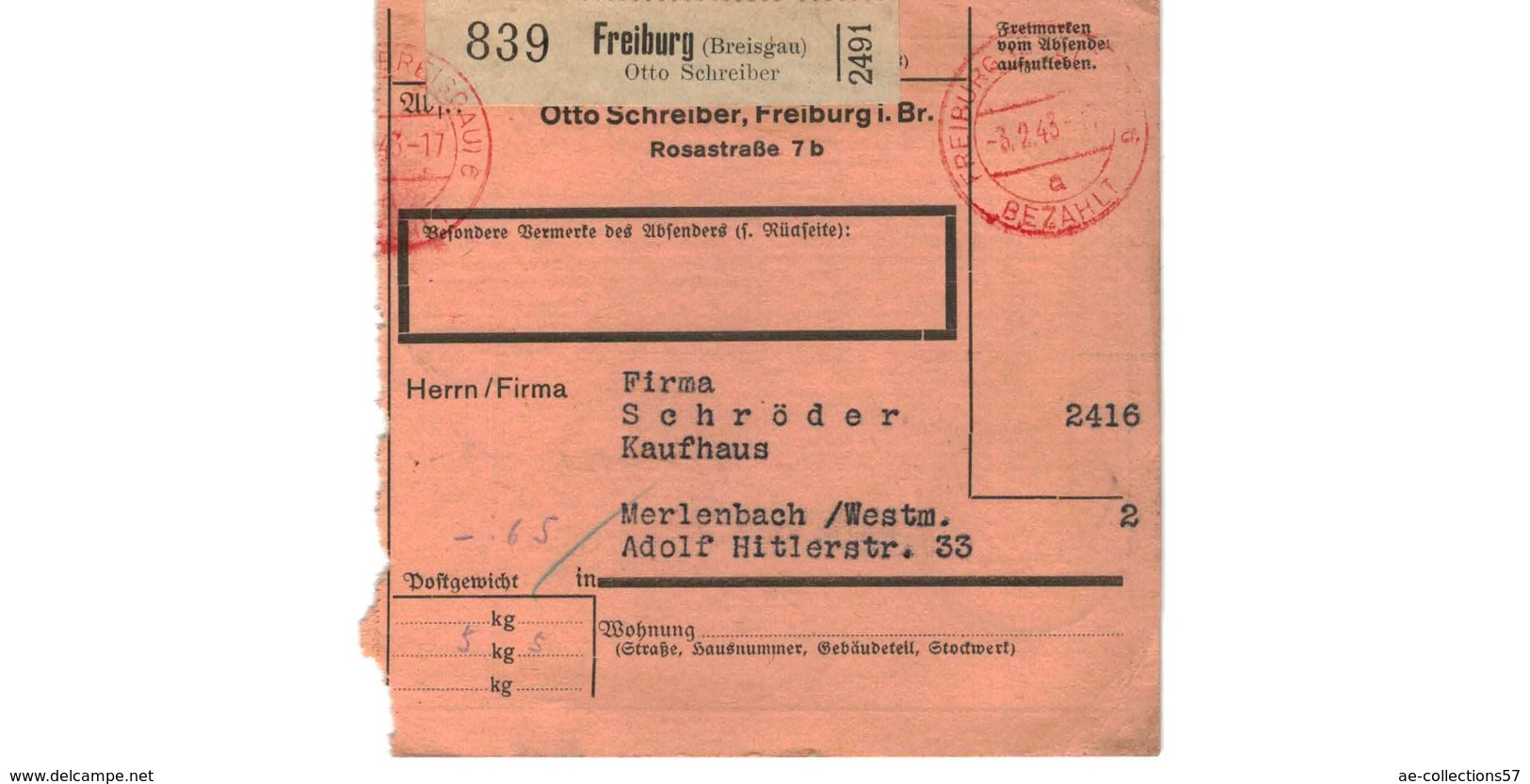 Allemagne  - Colis Postal  Départ Freiburg -- 3/2/1943 - Covers & Documents