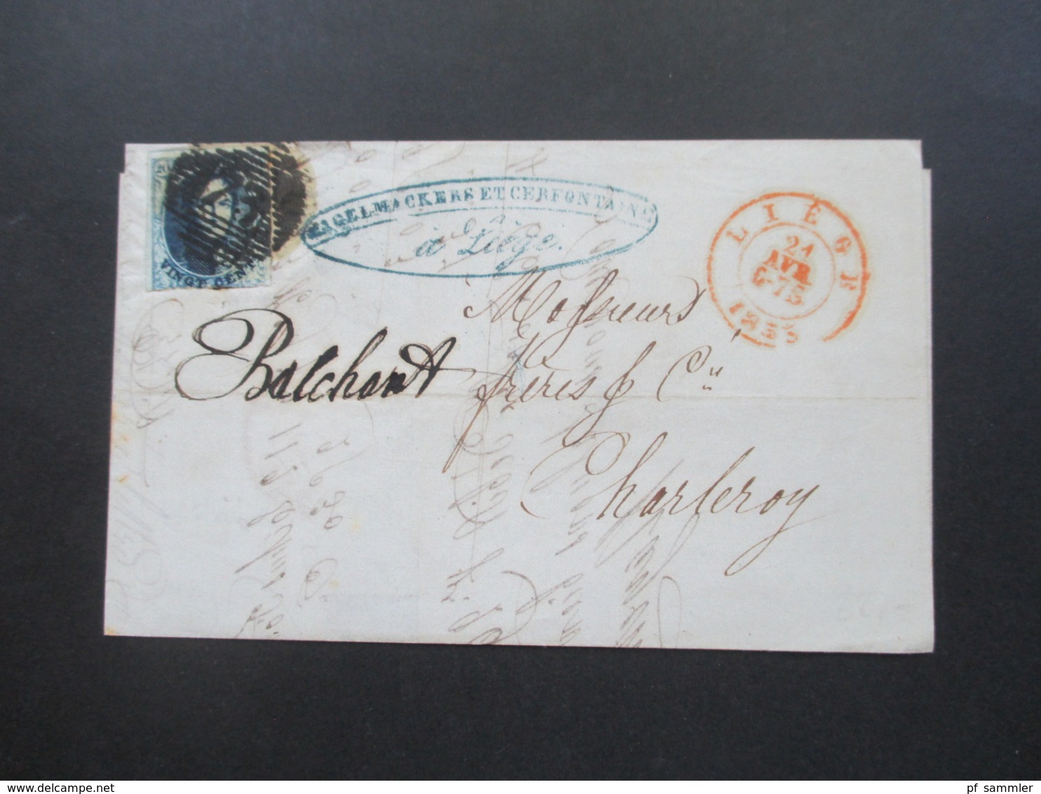 Belgien Um 1875 Beleg Von Liege Nach Charleroy Mit Rotem Stempel K2 Liege Nummernstempel 73 - 1849-1865 Médaillons (Autres)