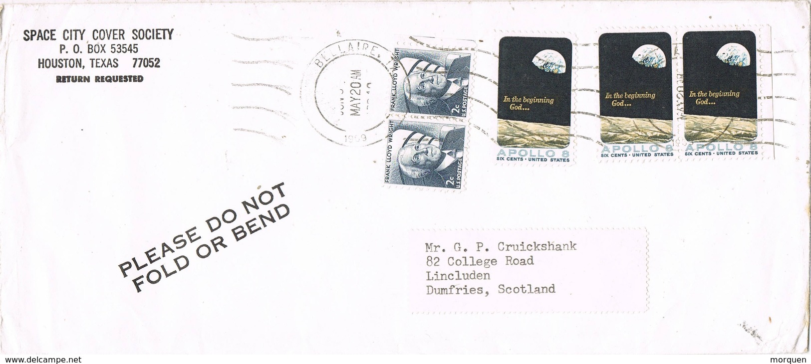 33809. Carta Aerea BELLAIRE (Texas) 1969. Remitida De HOUSTON. APOLLO 8 Stamps - Cartas & Documentos