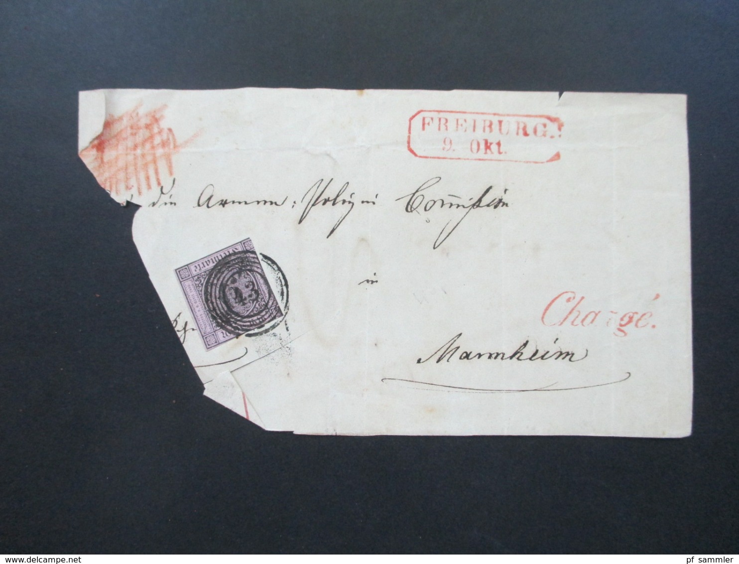 AD Um 1851 Baden Nr. 4 Mit Nummernstempel 43 Und Rotem L1 Chargé Und Freiburg Großes Briefstück!! - Storia Postale