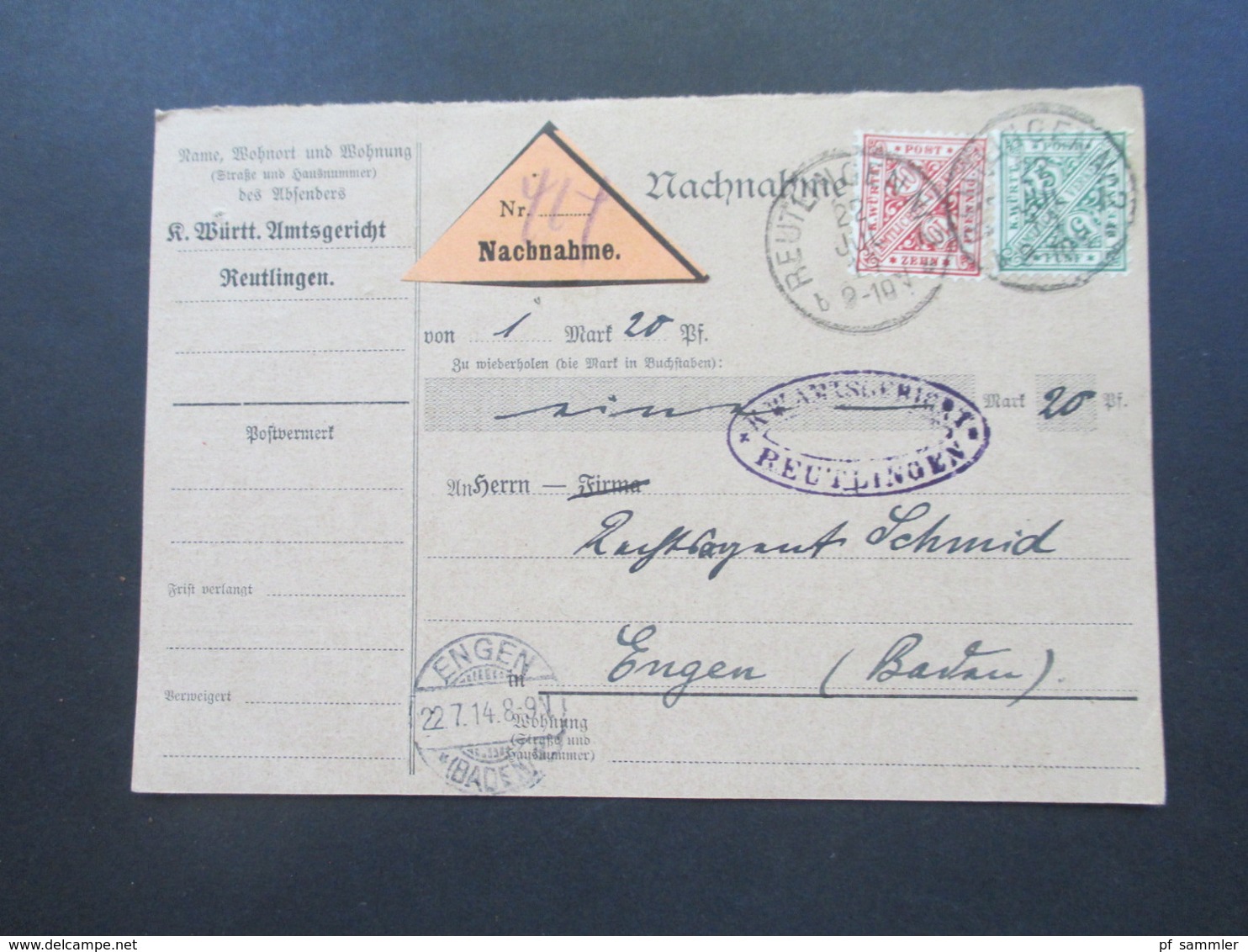 AD Württemberg 1914 Nachnahme Karte Mit Klebezettel Nr. 414 Nachnahme. Amtsgericht Reutlingen - Engen (Baden) - Covers & Documents