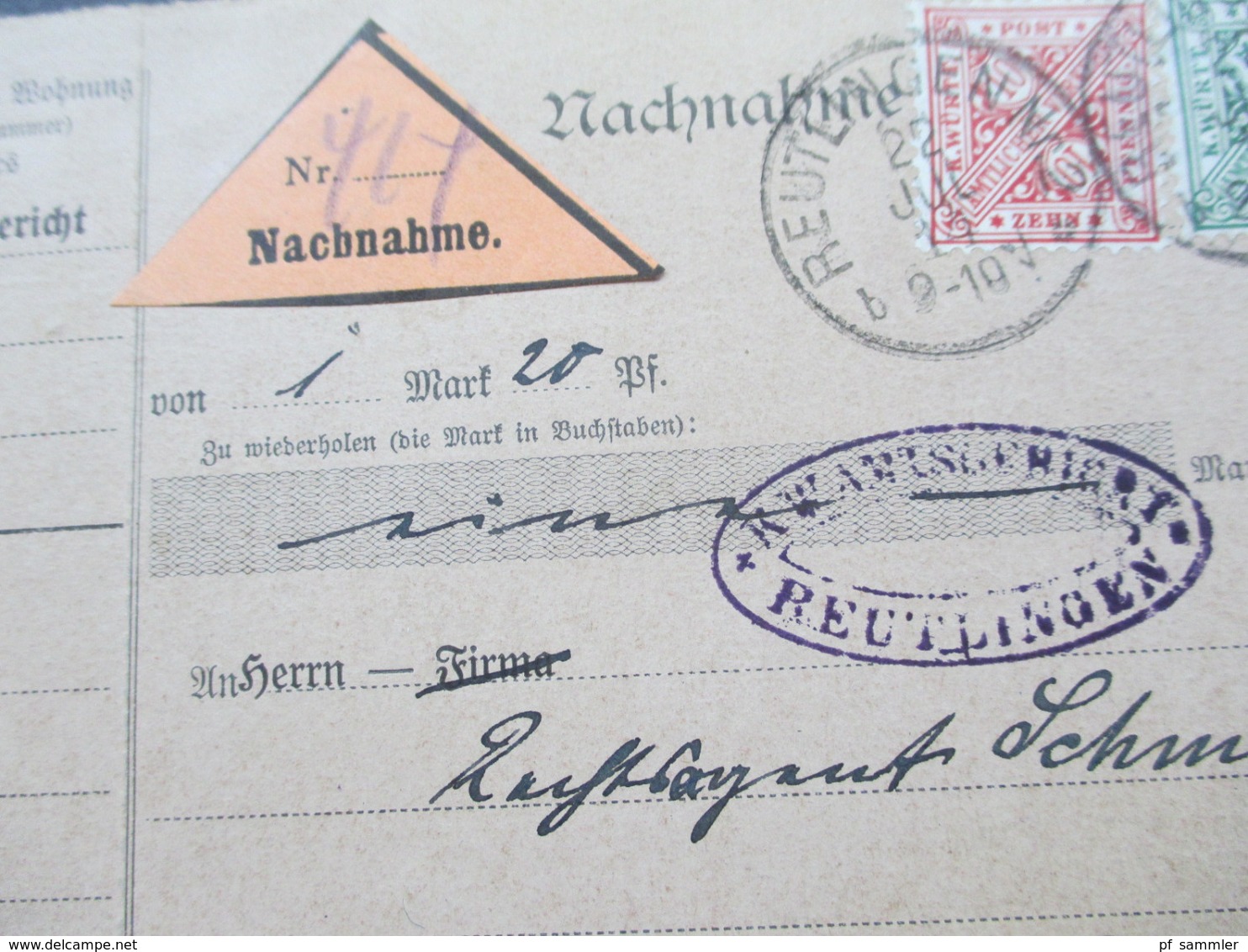 AD Württemberg 1914 Nachnahme Karte Mit Klebezettel Nr. 414 Nachnahme. Amtsgericht Reutlingen - Engen (Baden) - Briefe U. Dokumente