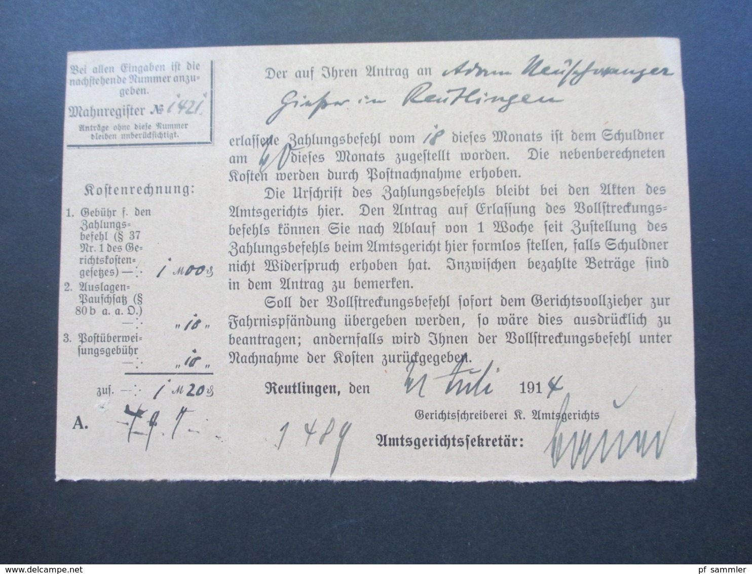 AD Württemberg 1914 Nachnahme Karte Mit Klebezettel Nr. 414 Nachnahme. Amtsgericht Reutlingen - Engen (Baden) - Storia Postale