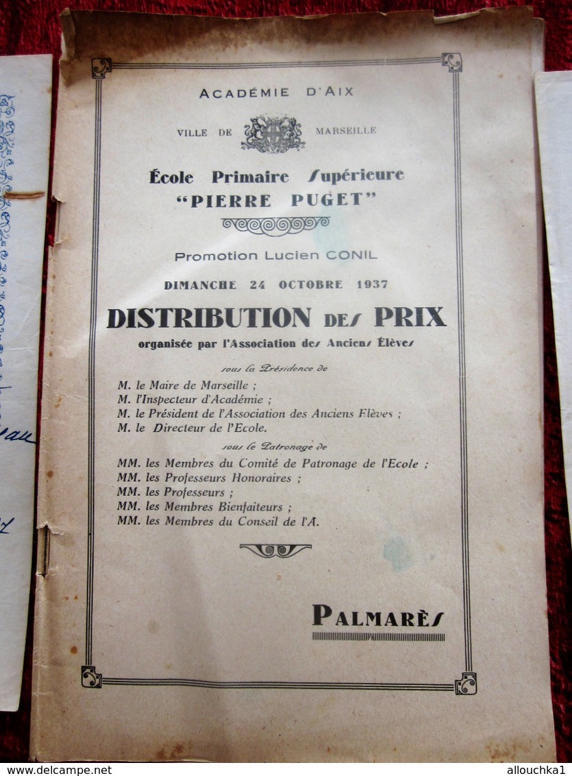 1937 PIERRE PUGET ÉCOLE PRIMAIRE SUPÉRIEURE DISTRIBUTION PRIX  PROMOTION-L.CONIL MARSEILLE+2 DIPLÔMES PRIX-LIRE 100 PAGE - Diplômes & Bulletins Scolaires