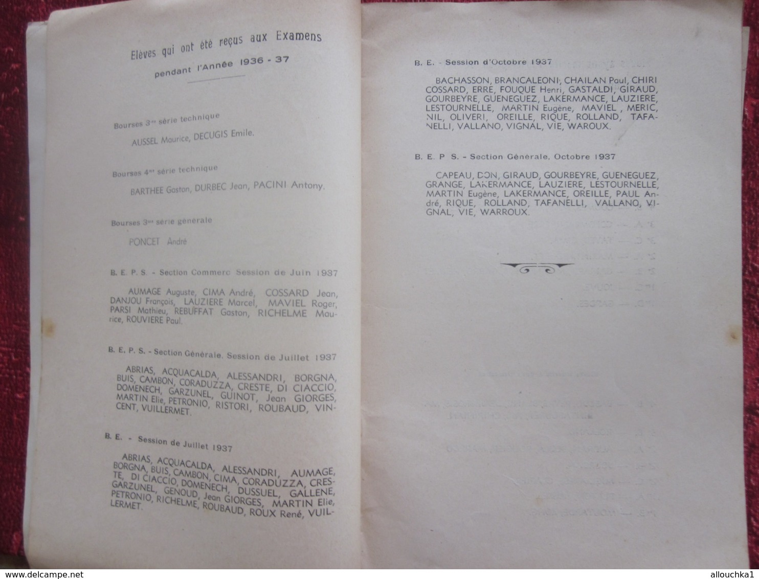 1937 PIERRE PUGET ÉCOLE PRIMAIRE SUPÉRIEURE DISTRIBUTION PRIX  PROMOTION-L.CONIL MARSEILLE+2 DIPLÔMES PRIX-LIRE 100 PAGE