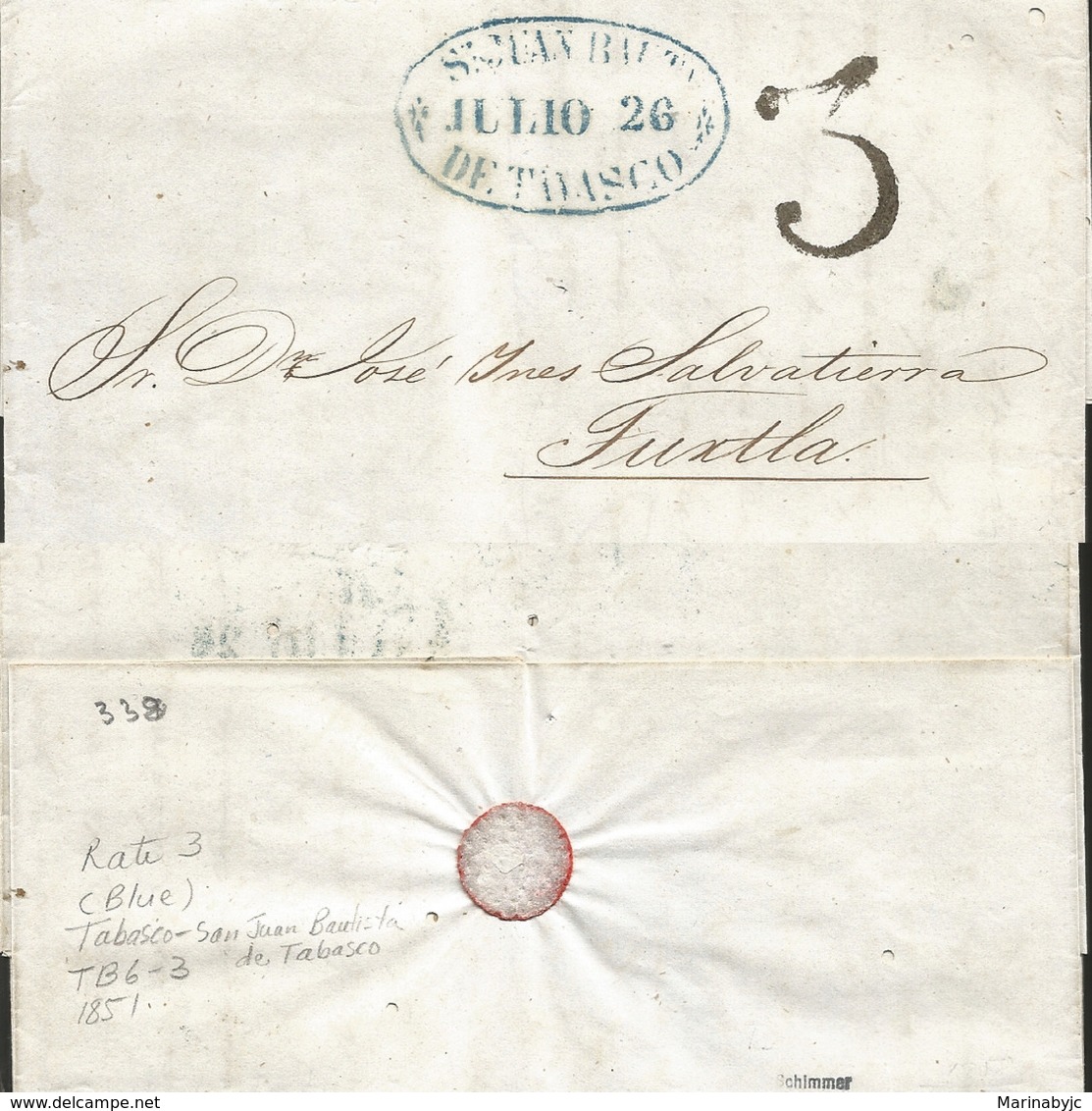 J) 1851 MEXICO, 3 REALES, OVAL CANCELLATION BLUE, CIRCULATED COVER, FROM SAN JUAN DE TABASCO TO TUXTLA - Mexico