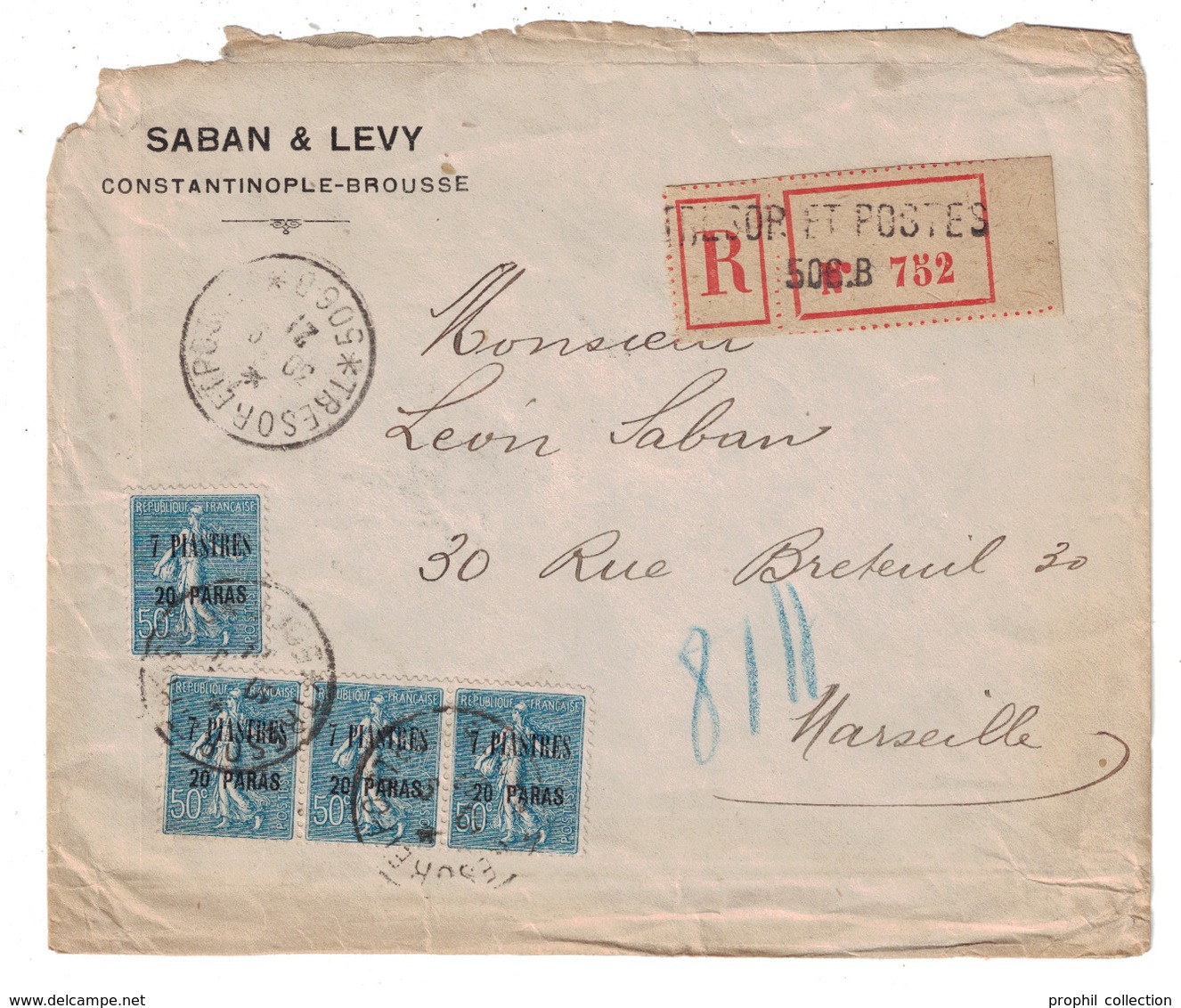 1921 - LEVANT SEMEUSE N° 34 (BANDE) OBL. CAD TRESOR ET POSTES 506B Sur LETTRE RECOMMANDÉE CONSTANTINOPLE BROUSSE TURQUIE - Lettres & Documents