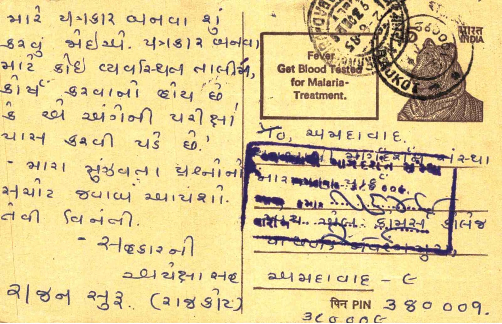 India Postal Stationery Tiger 15 Malaria Mosquito Rajkot Cds - Cartoline Postali