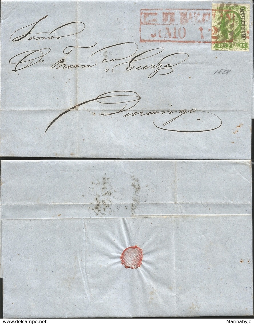 J) 1858 MEXICO, 2 REALES, RED BOX CANCELLATION, CIRCULATED COVER, FROM MAZATLAN TO DURANGO - Mexico