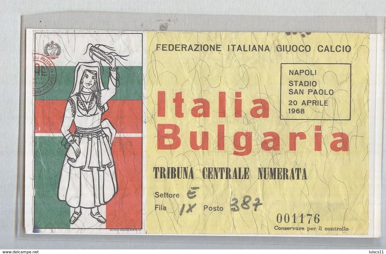 ITALIA-BULGARIA...APRILE 1968...CALCIO..FOOTBALL..SOCCER...TICKET....BIGLIETTO  PARTITA - Match Tickets