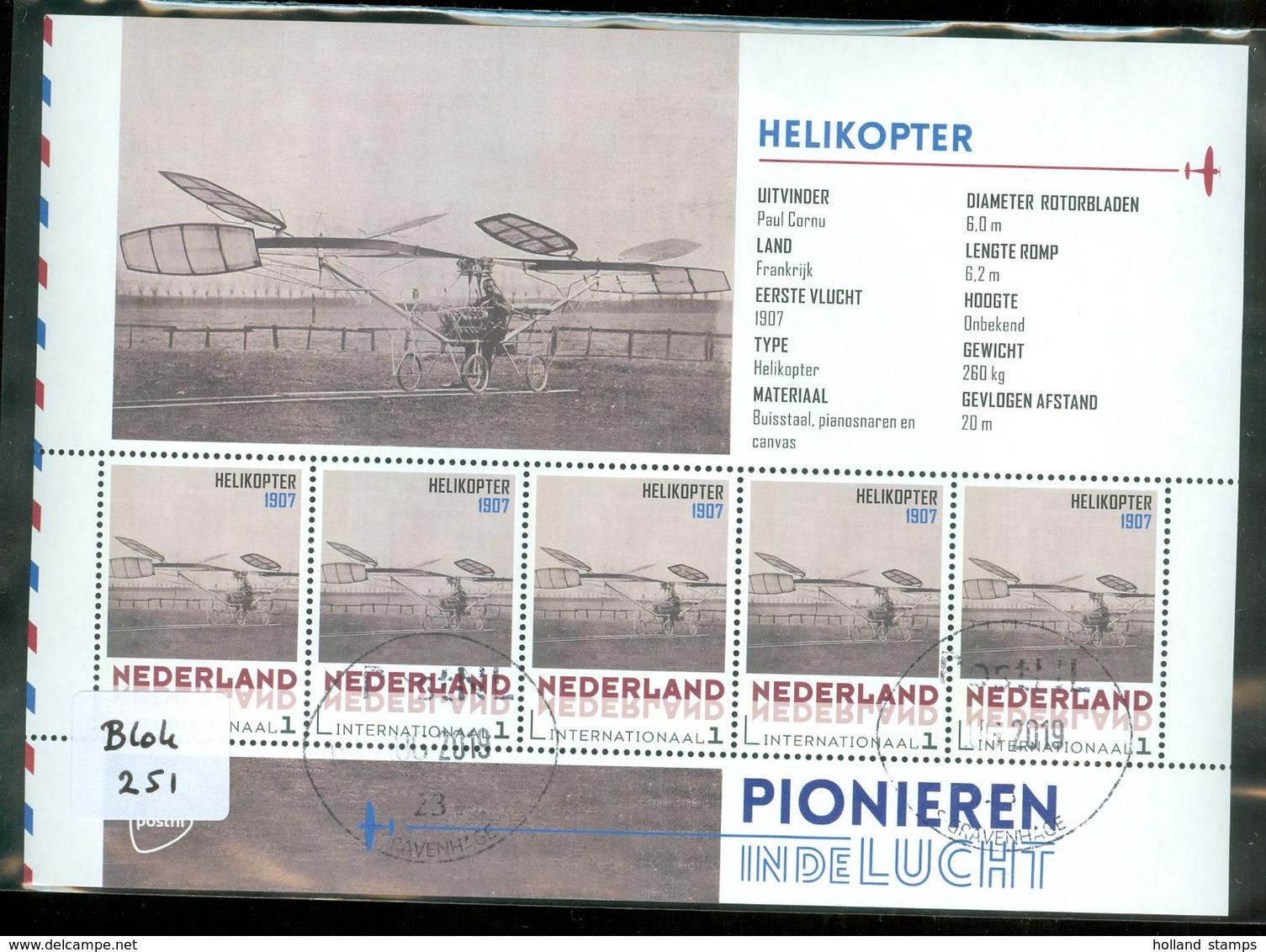 RARE * NEDERLAND 2015 * PAUL CORNU * HELICOPTERE* AVIATION * BLOCK * VLIEGTUIG * POSTFRIS GESTEMPELD 5 X INT. (BLOK 251 - Usados