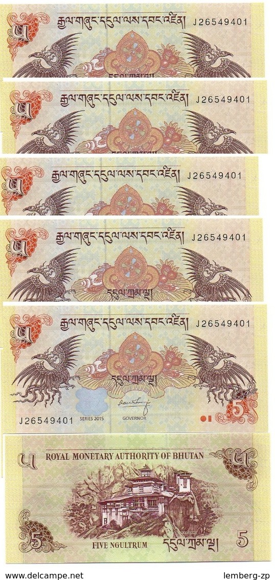 Bhutan - 5 Pcs X 5 Ngultrum 2015 UNC Lemberg-Zp - Bhutan