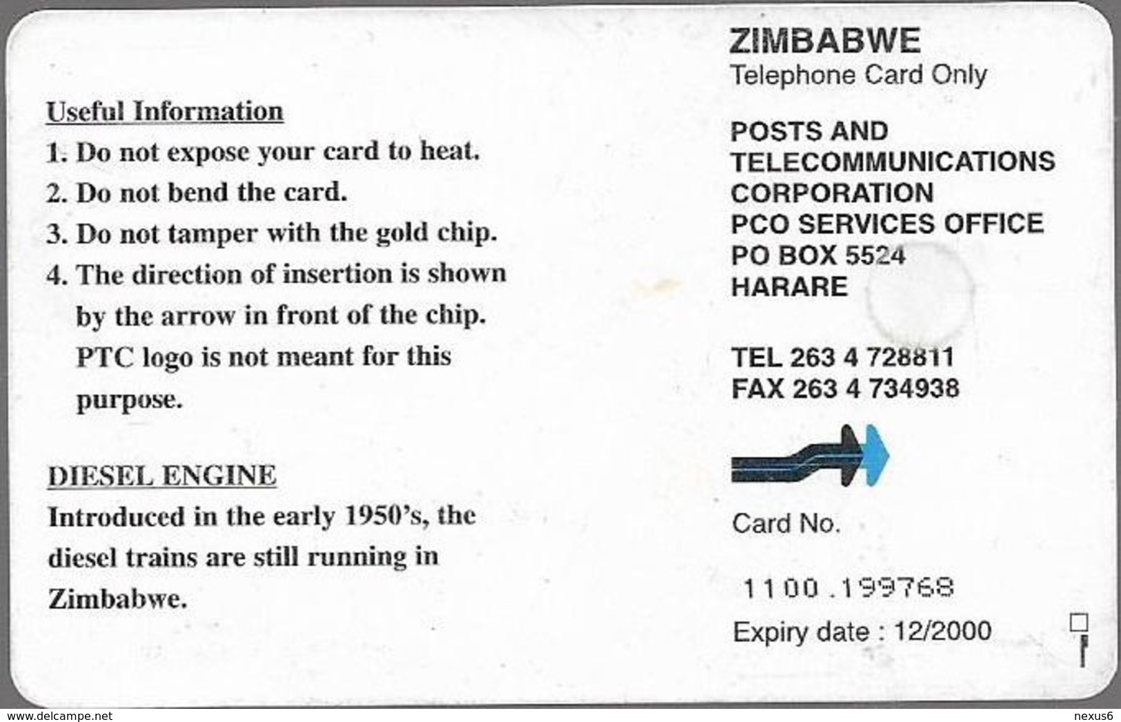 Zimbabwe - PTC - Diesel Train, 100Z$, Chip Gem Black, Exp. 12.2000, 100.000ex, Used - Simbabwe