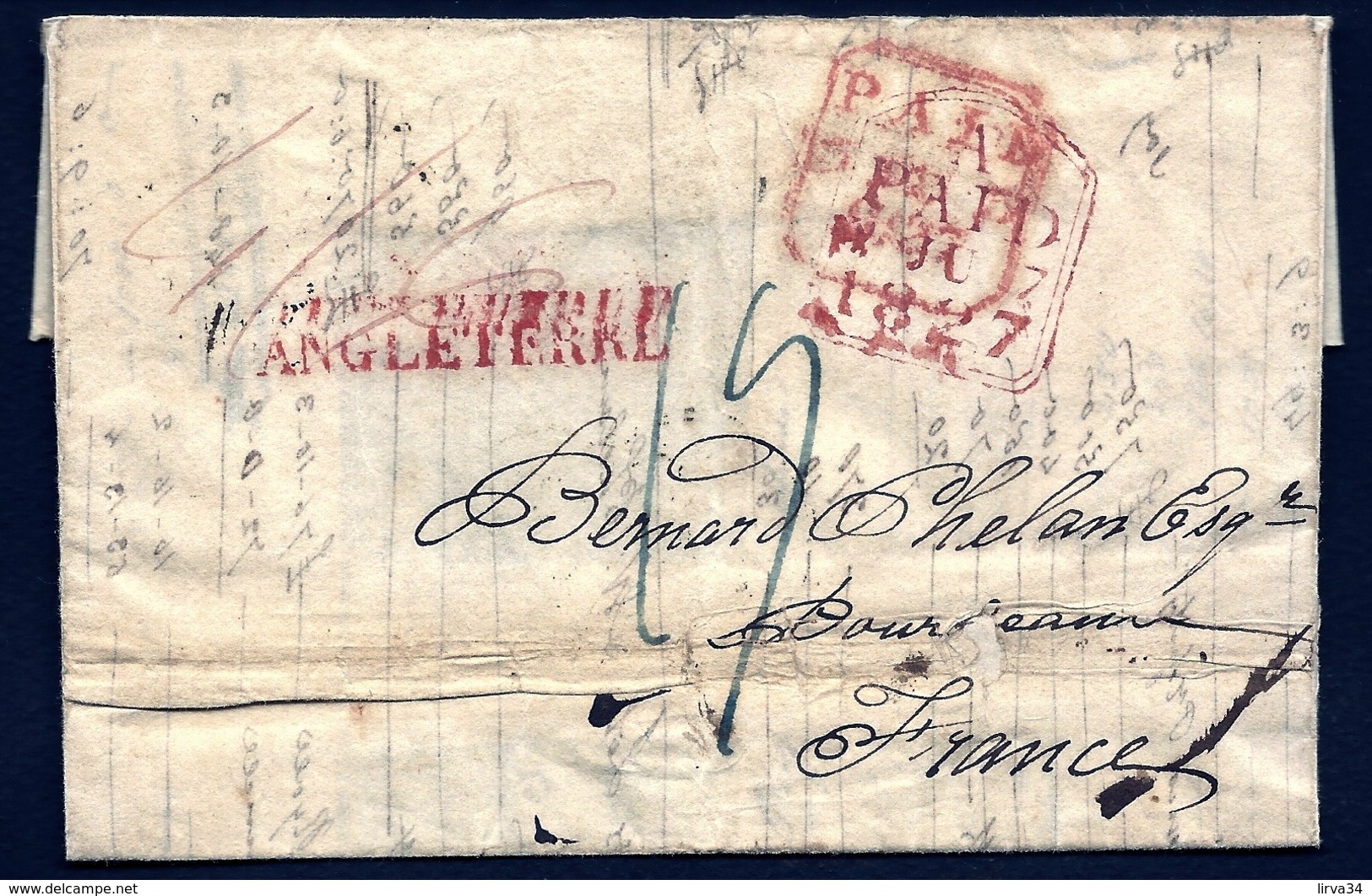 LETTRE PRÉPHILATÉLIQUE ANGLETERRE POUR BORDEAUX- DOUBLE CURSIVE ANGLETERRE ROUGE- TAMPONS PAID DIVERS 1827- 2 SCANS - ...-1840 Voorlopers