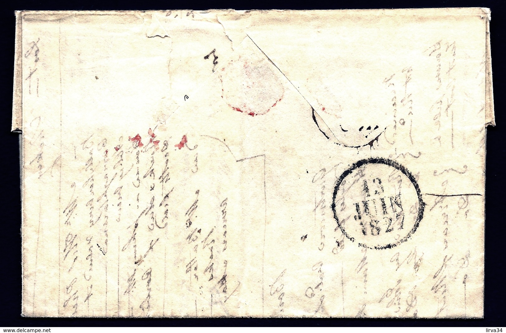 LETTRE PRÉPHILATÉLIQUE ANGLETERRE POUR BORDEAUX- DOUBLE CURSIVE ANGLETERRE ROUGE- TAMPONS PAID DIVERS 1827- 2 SCANS - ...-1840 Voorlopers