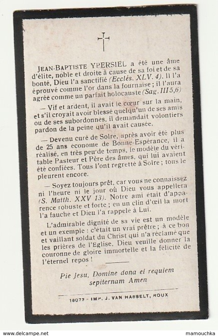 Décès Abbé Jean Baptiste YPERSIEL Roux 1866 Solre-sur-Sambre 1922 Professeur Mont-sur-Marchienne, Bonne-Espérance - Devotion Images