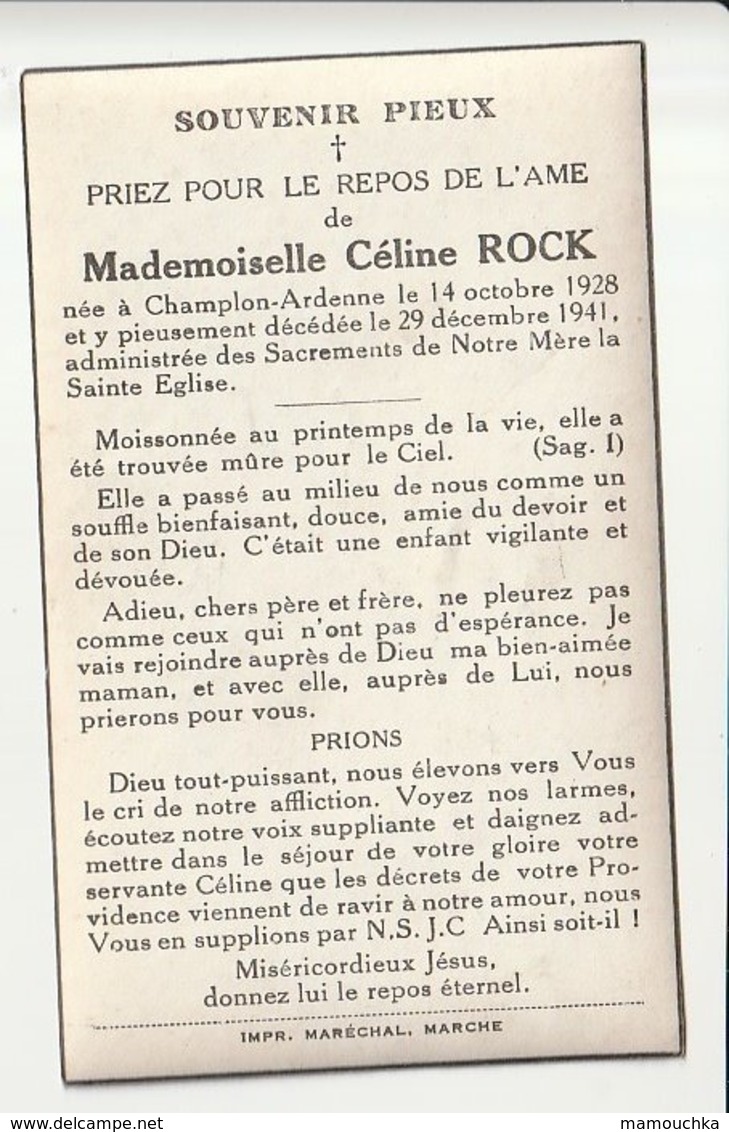 Décès Céline ROCK Champlon-Ardenne 1928 - 1941 Enfant - Communiante - Devotion Images