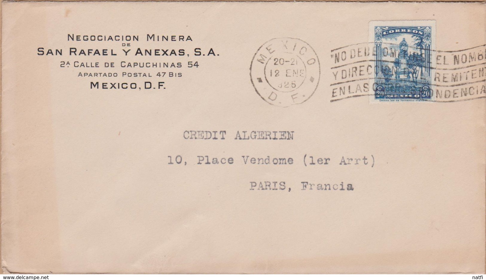 ENVELOPPE TIMBRE 1925  MEXICO (D.F.) VOIR TIMBRES ET CACHETS - Mexiko