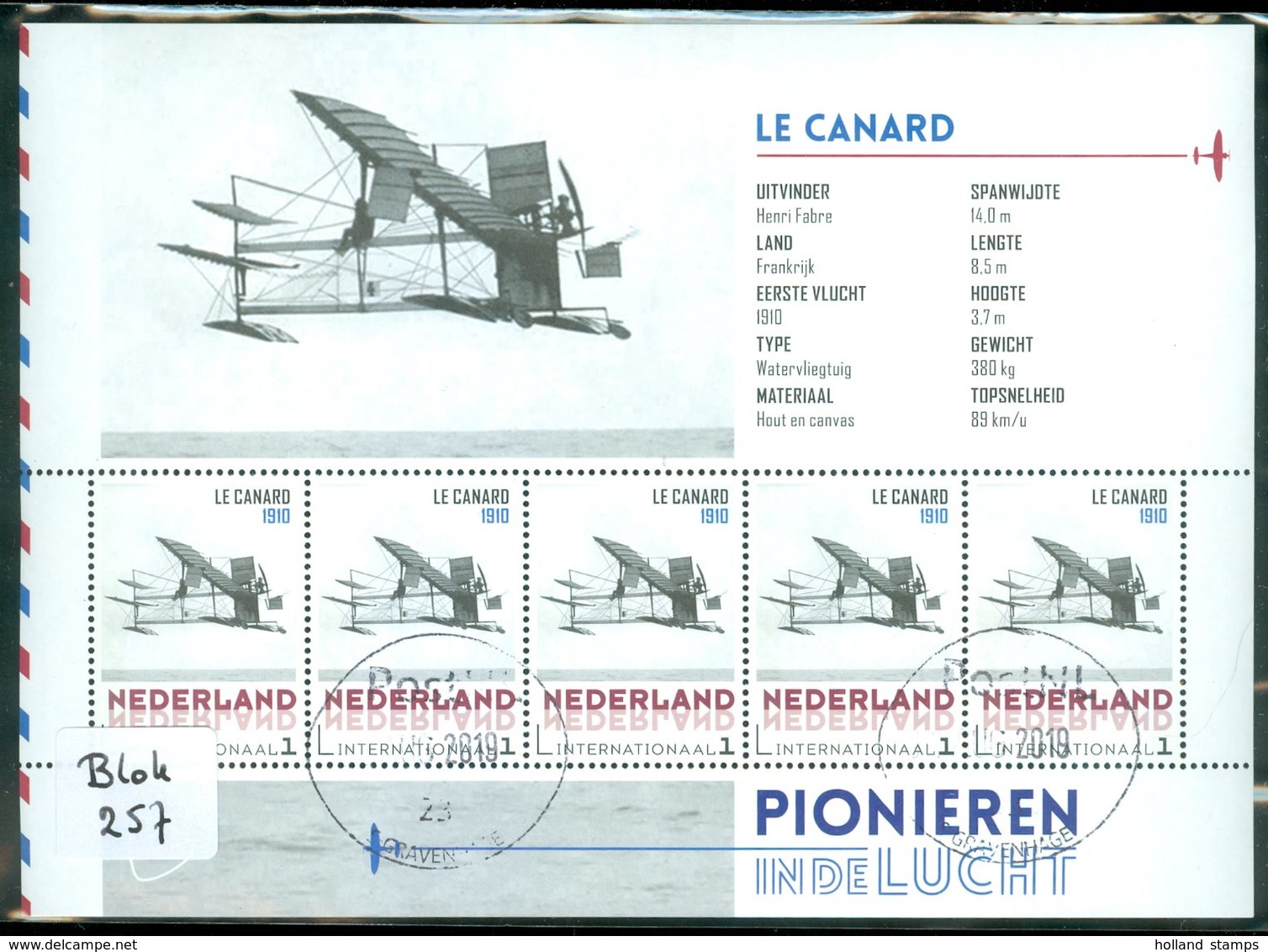 RARE * NEDERLAND 2015 * LE CANARD * AIRPLANE  * AIRPLANE * BLOCK * VLIEGTUIG * POSTFRIS GESTEMPELD 5 X INT. (BLOK 257) - Usati