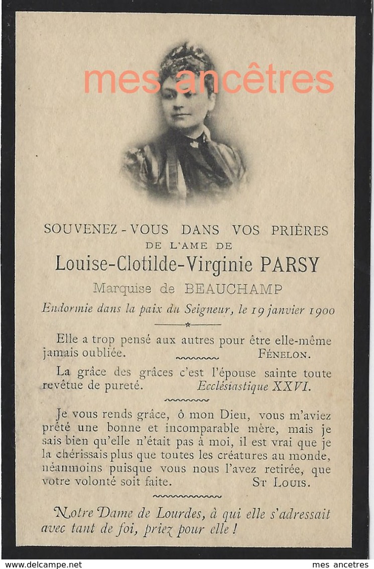 En 1900 à Cambrai (59) - Marquise DE BEAUCHAMPS, Louise PARSY Ep Robert DE BEAUCHAMPS - Décès