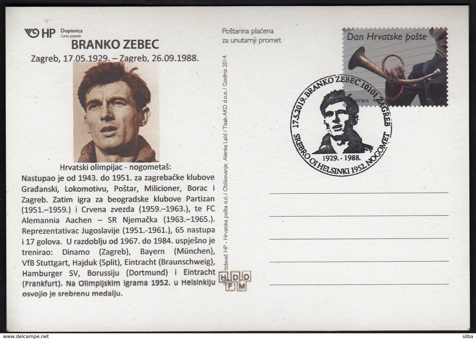 Croatia Zagreb 2019 / Olympic Games Helsinki 1952 / 90 Years Of Birth Branko Zebec / Cro Football Legend / Silver Medal - Sommer 1952: Helsinki