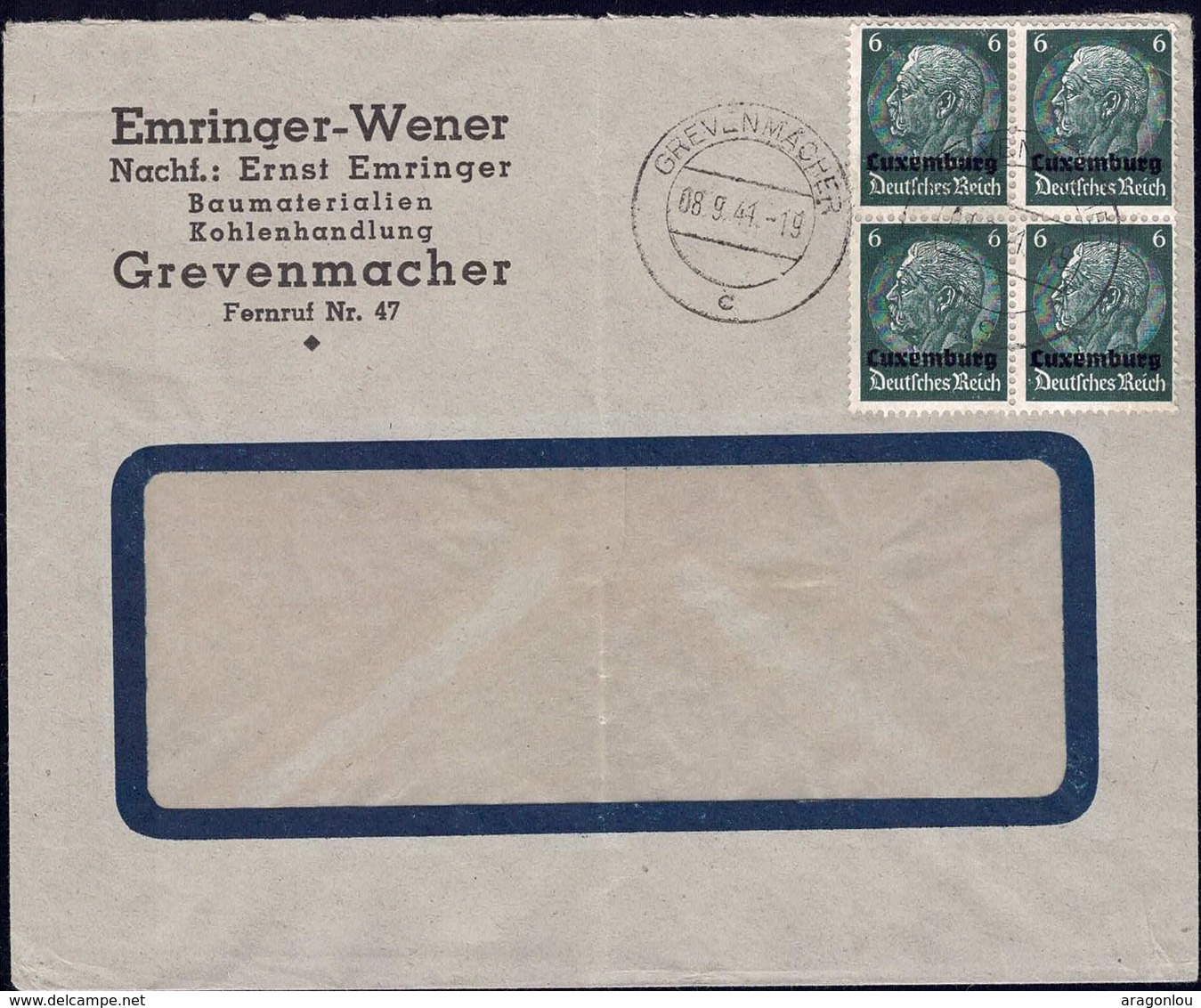 Luxembourg Occupation, Lettre Emringer-Wener, Cachet Grevenmacher 8.9.1941 - 1940-1944 Occupation Allemande