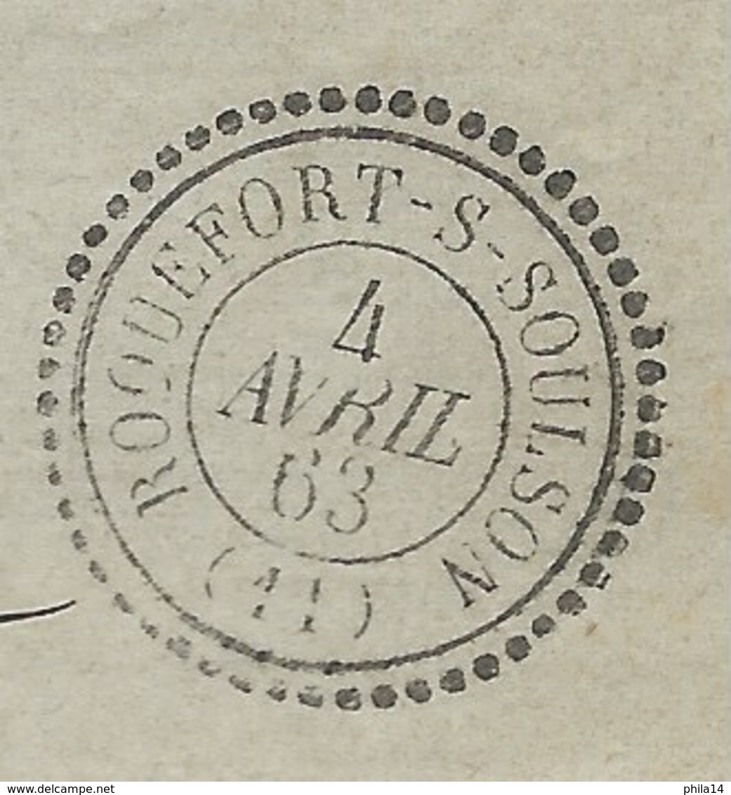 N° 22 BLEU NAPOLEON SUR LETTRE / CAD T22 ROQUEFORT SUR SOULSON AVEYRON POUR MARSEILLE 1863 / GC 3201 INDICE 6 - 1849-1876: Periodo Classico