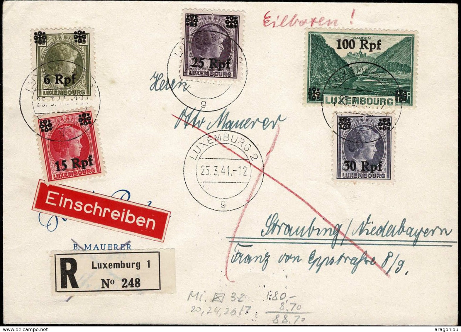 Luxembourg Occupation, Lettre Recommandé/Einschreiben, Cachet  Luxemburg 23.3.1941 - 1940-1944 Occupation Allemande